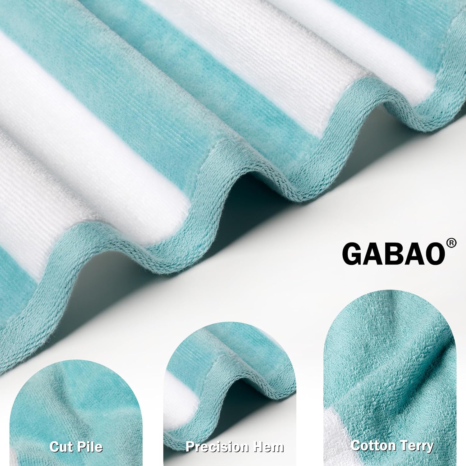 GABAO Cotton Beach Towel Oversized - 70"x 35"|Large Striped Towel - Classic Soft, Absorbent Terry Cloth for Pool, Beach, Travel & Resort (Turquoise) - Image 2