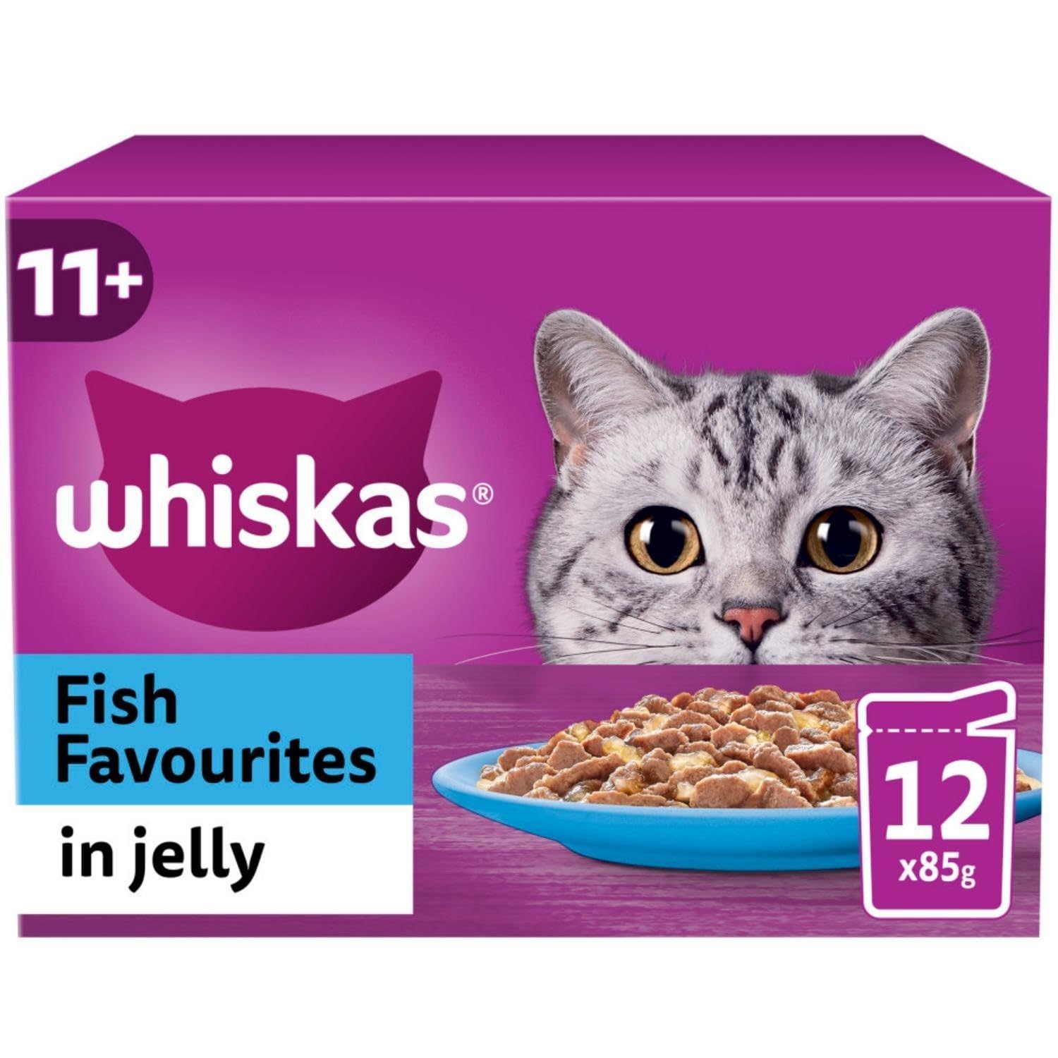 96 x 85g Whiskas 11+ Fish Favourites Mixed Senior Wet Cat Food Pouches in Jelly