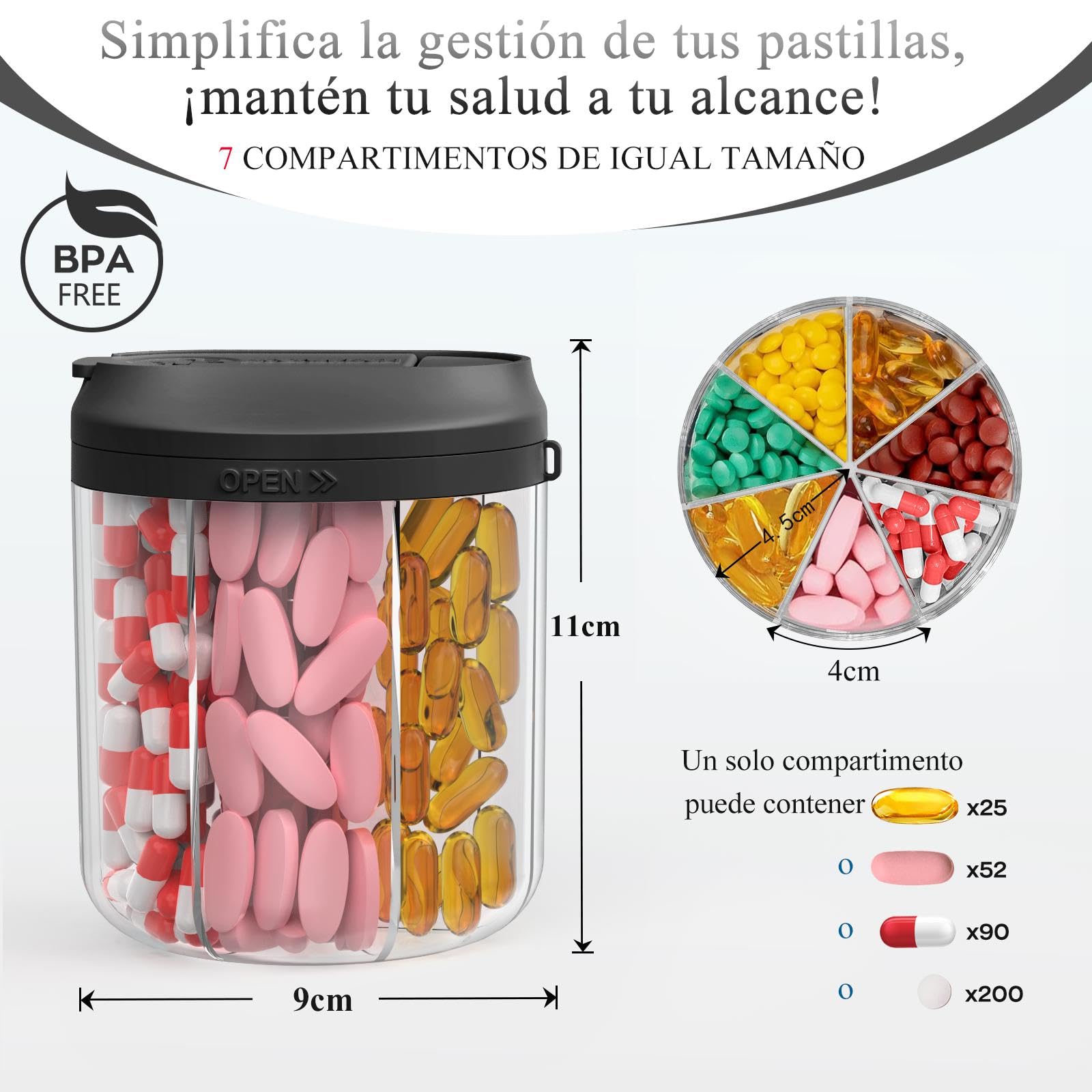 Organizador de pastillas con 7 compartimentos grandes, dispensador de pastillas para viajes, organizador de suplementos con diseño antimezclas, pastillero sin BPA con 20 etiquetas, negro — view 2