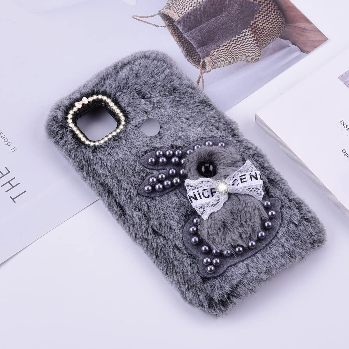 Custodia Peluche Coniglio Per Redmi A1/A1 Plus - Copertina Soffice Con Orecchie E Strass - Motivo Leopardo - 3