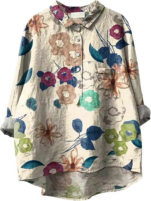 YCBMINGCAN Elegant Oversized Linen Blouse for Women, Casual, Flowing, Loose, Long Shirt with Crew Neck with Blouse, Shirt of Lace, Women, Teenage Girls Tops