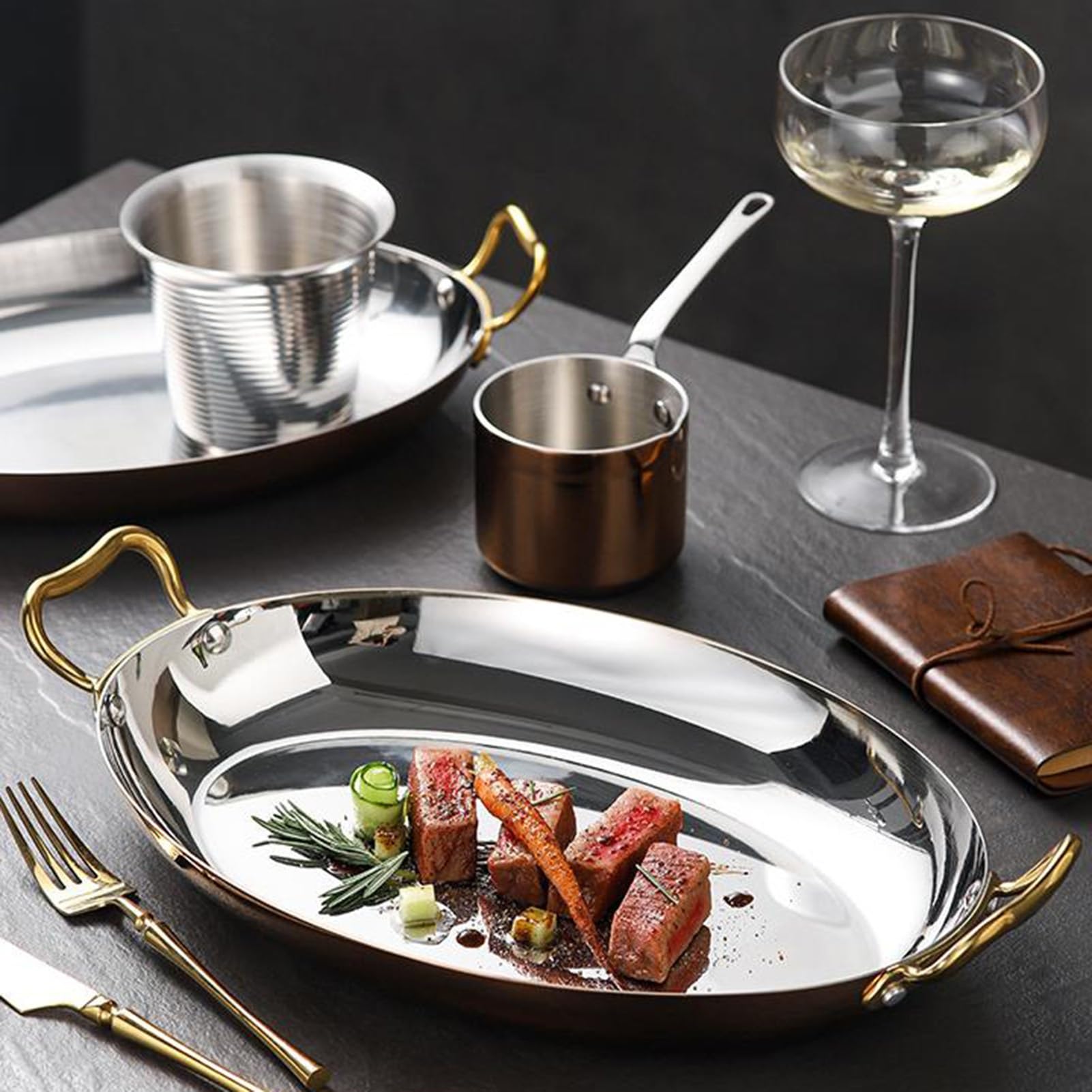 Paellera fabricada en acero inoxidable, con doble asa, antiadherente, apta for grill, cocina de gas, cocina eléctrica e inducción.(Silver,30cm)