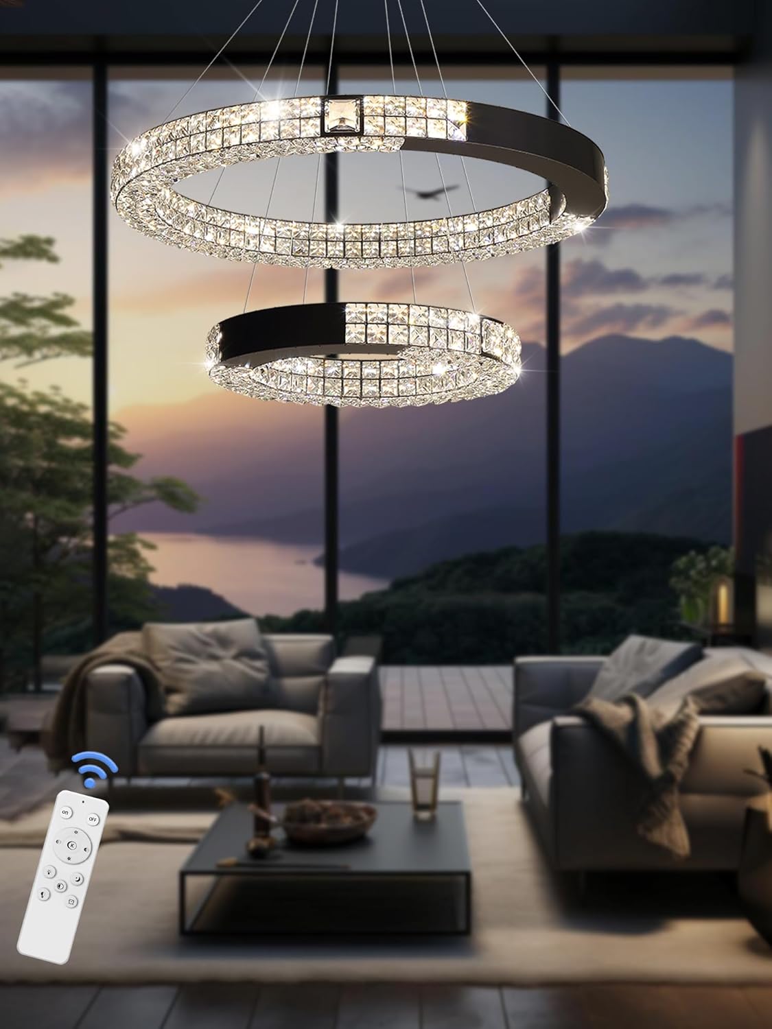 Led Gold Ring Chandelier for Living Room Dining Room Bedroom Modern Crystal Chandeliers Hanging Lighting Adjustable 2 Ring Chandeliers D32''+D20‘’