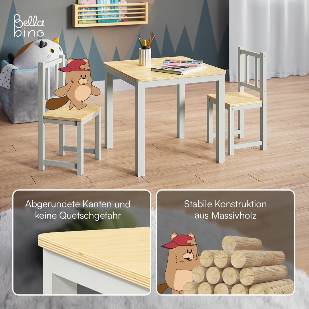 Bellabino Sora Kindersitzgruppe – Kindertisch mit 2 Stühlen aus Holz – Sitzgruppe Indoor Grau – Kinder Tisch Stuhl Set für Drinnen – Maltisch & Basteltisch ab 2 Jahren – Spieltisch für Kinderzimmer