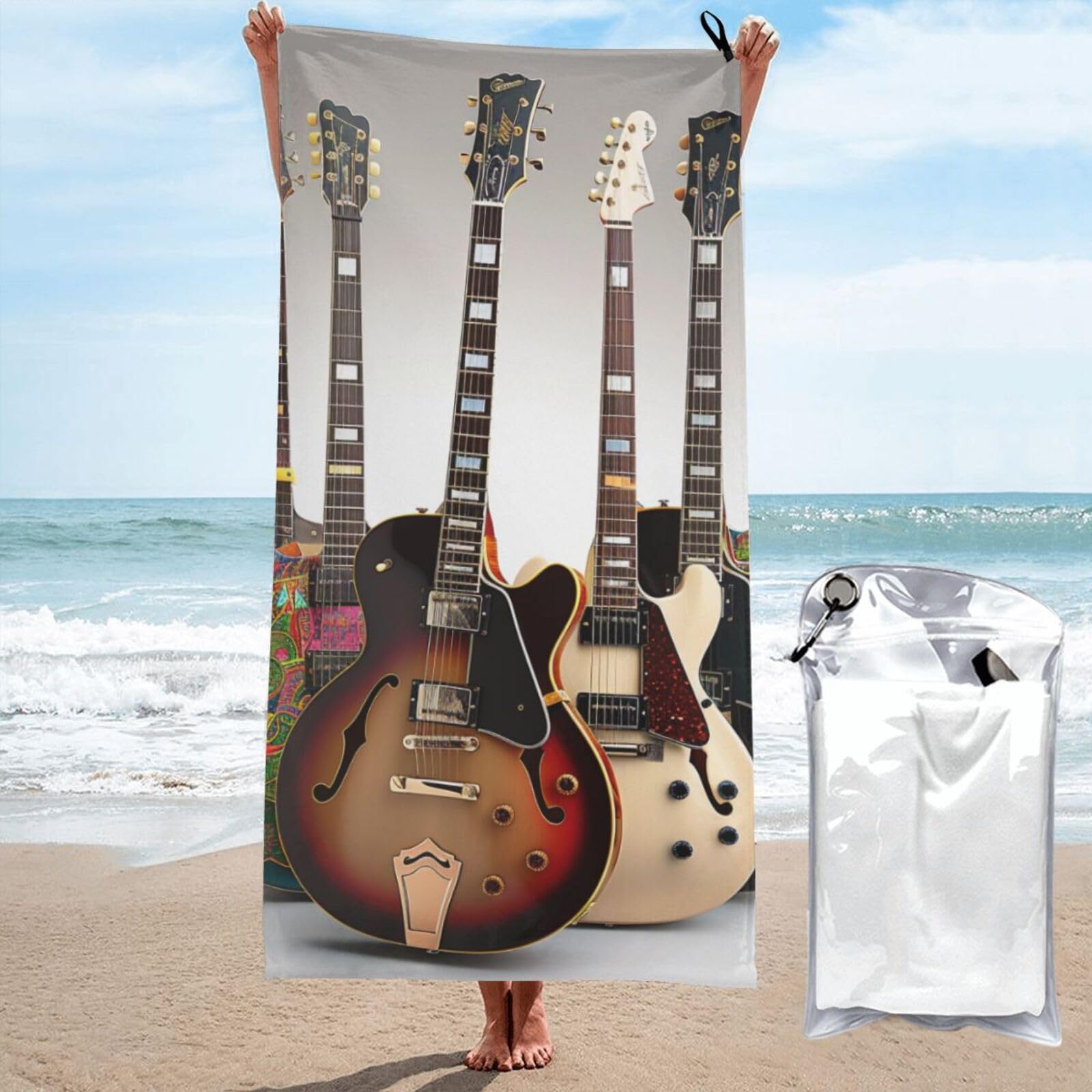kkvhhyuo Microfiber Beach Towel, Guitar Printed Lightweight Quick Dry Travel Bath Sheet with Compact Carry Bag for Swimming Yoga Camping Gym,27.5"x55"