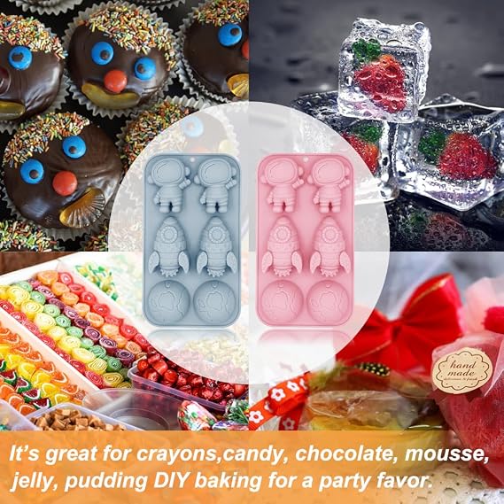 2 Pack Astronaut Silicone Molds Rocket Planet Silicone Mold, 6 Cavity Space Themed Baking Mould Tray DIY Tool for Baby Shower Birthday Party Chocolate Cake Mousse Pastry Soap Crayons Cupcake Topper