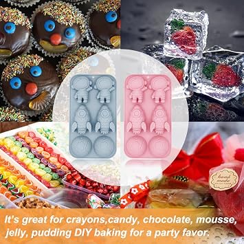2 Pack Astronaut Silicone Molds Rocket Planet Silicone Mold, 6 Cavity Space Themed Baking Mould Tray DIY Tool for Baby Shower Birthday Party Chocolate Cake Mousse Pastry Soap Crayons Cupcake Topper
