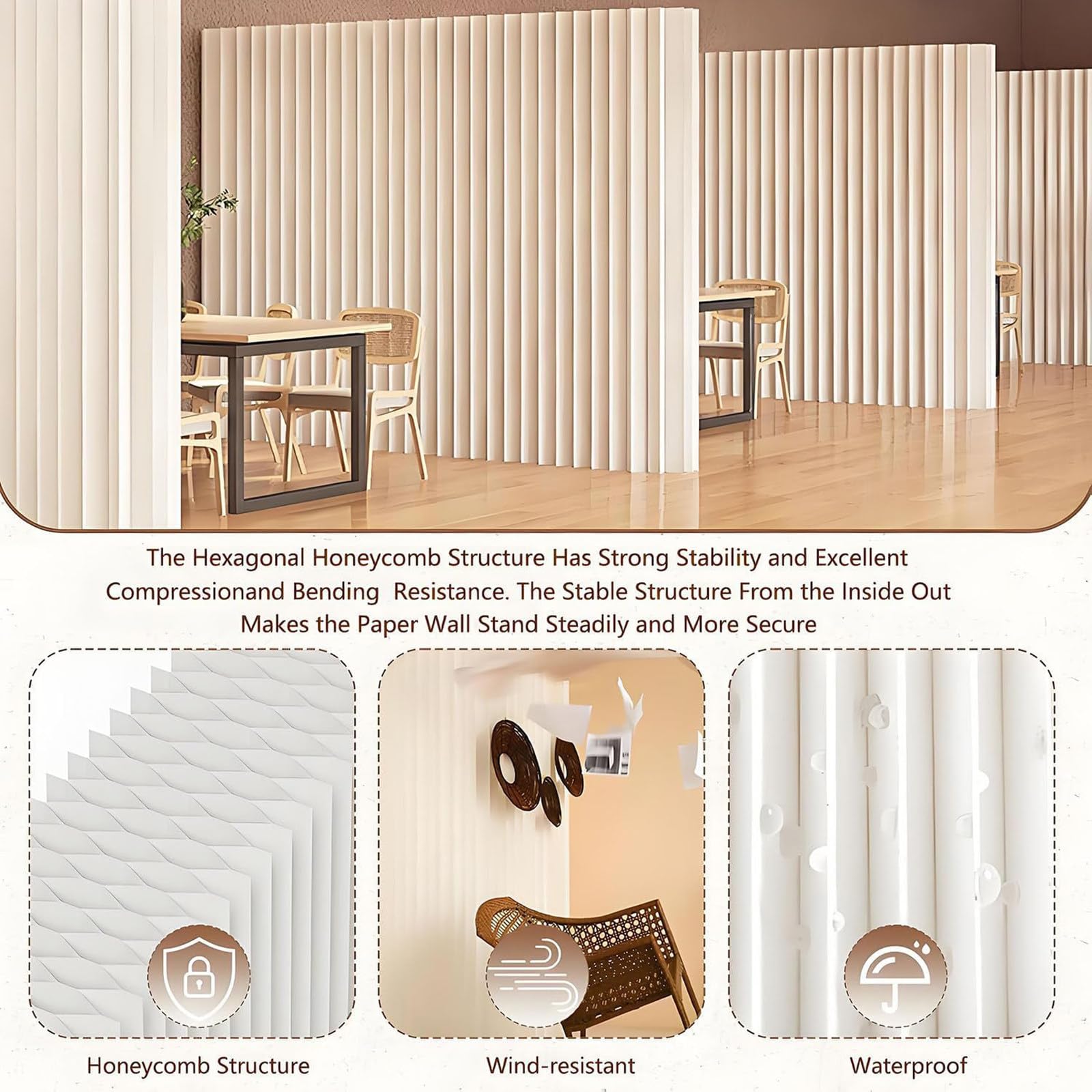 Biombo divisor de habitación de papel plegable, portátil, ajustable, para oficinas, salas de estar, dormitorios, solución de privacidad independiente de 4 x 2,4 m