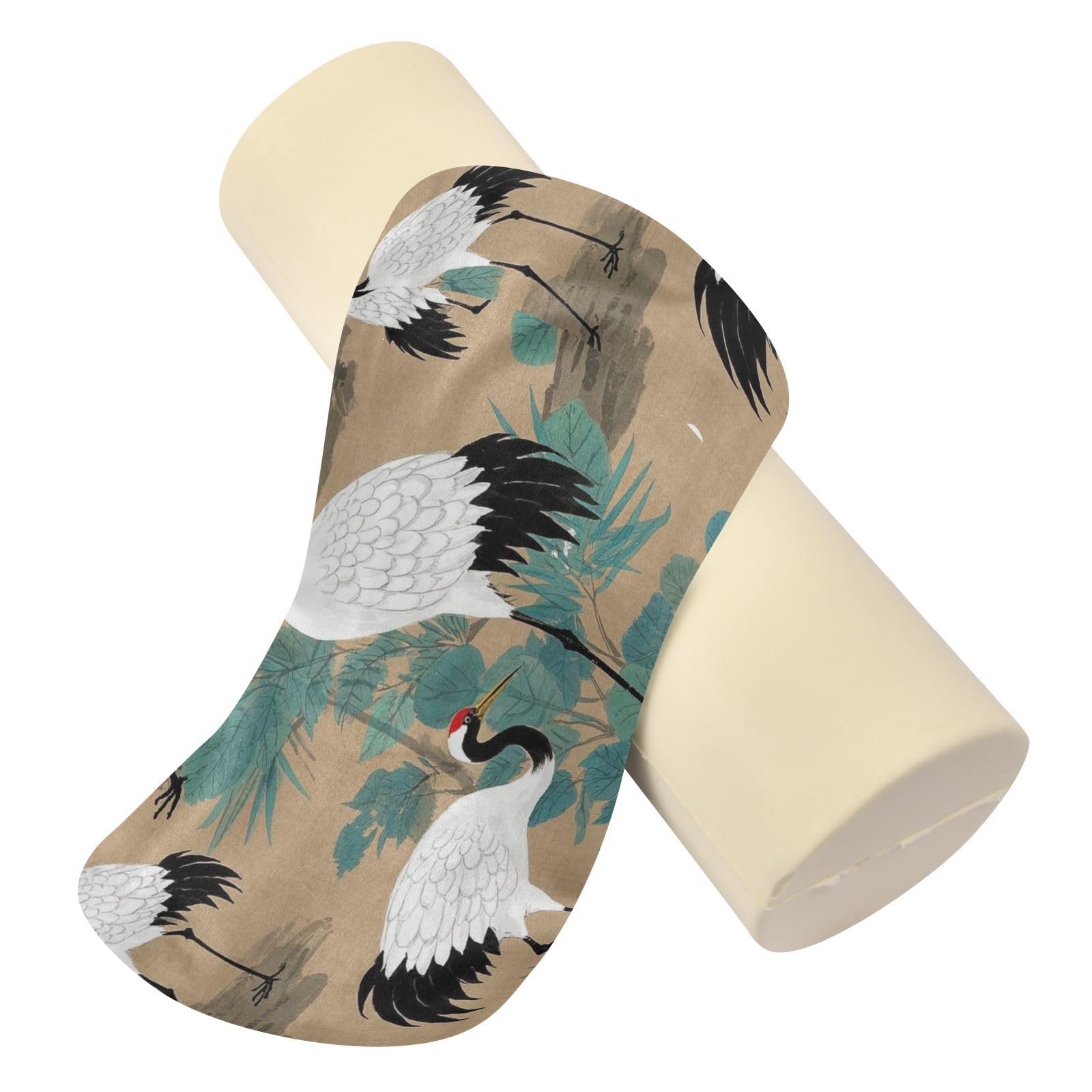 miaozhen Chinese Retro Cloud Crane Beige Round Pillow Foam Roll Pillow for Neck Support almohada para rodillas 5.5''x17''