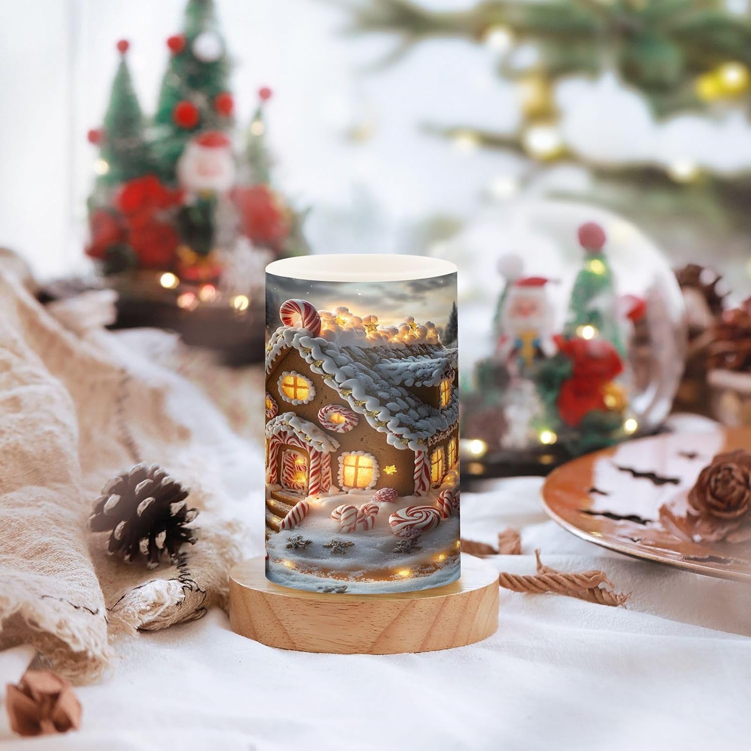 ALAZA Gingerbread House Merry Christmas Candy Flickering Flameless Candles Pillar Led Candles Battery Operated Candles with Remote and Timers Set of 2