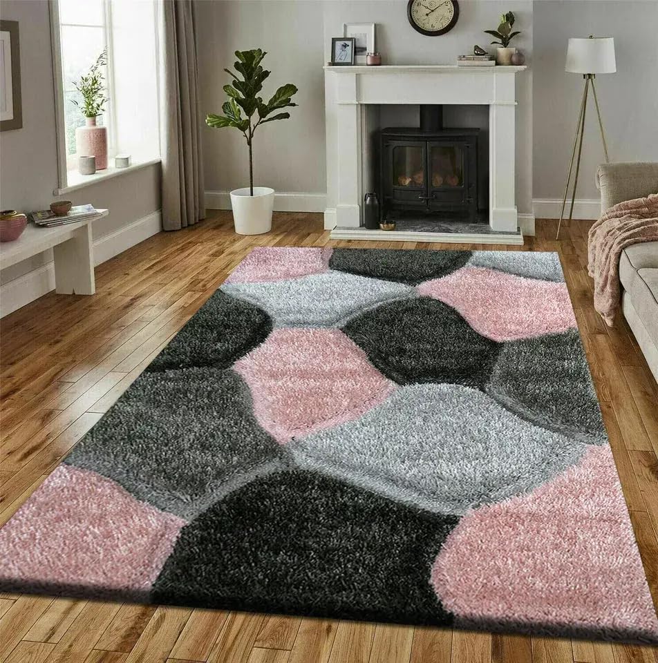 Online Bedding store Area Rugs – luxury Beautiful Pona Shaggy Modern Area Rugs - 3D Design carpet for hallway Non Slip Rug (Pink-Grey, 200 x 290 cm)