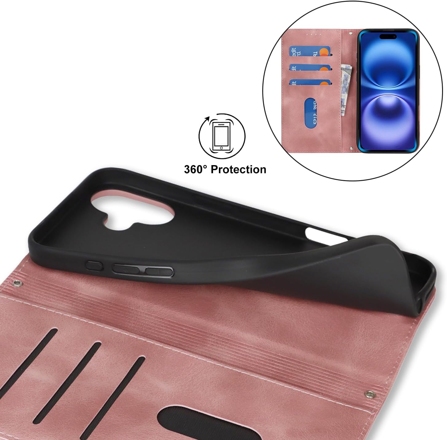 for iPhone 16 Wallet Case for Women,for iPhone 16 Case with Card Holder and Wrist Strap,PU Leather Shockproof Magnetic Kickstand Flip Phone Case-Pink image 4