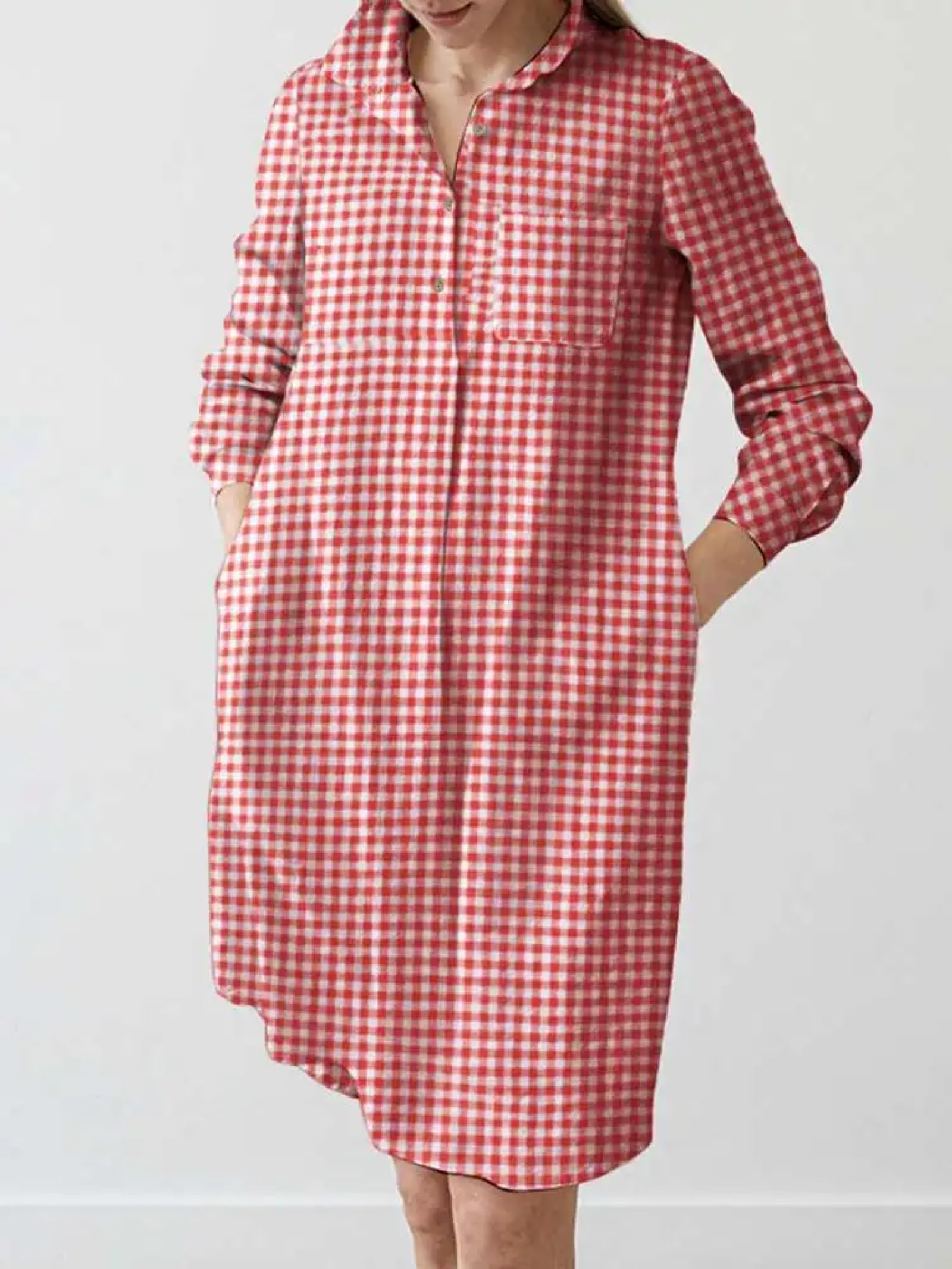 Gonna Donna Lunga Pieghe Elegante Elastica Skirt Abito Camicia A Maniche Lunghe da Donna Scozzese M Rosso
