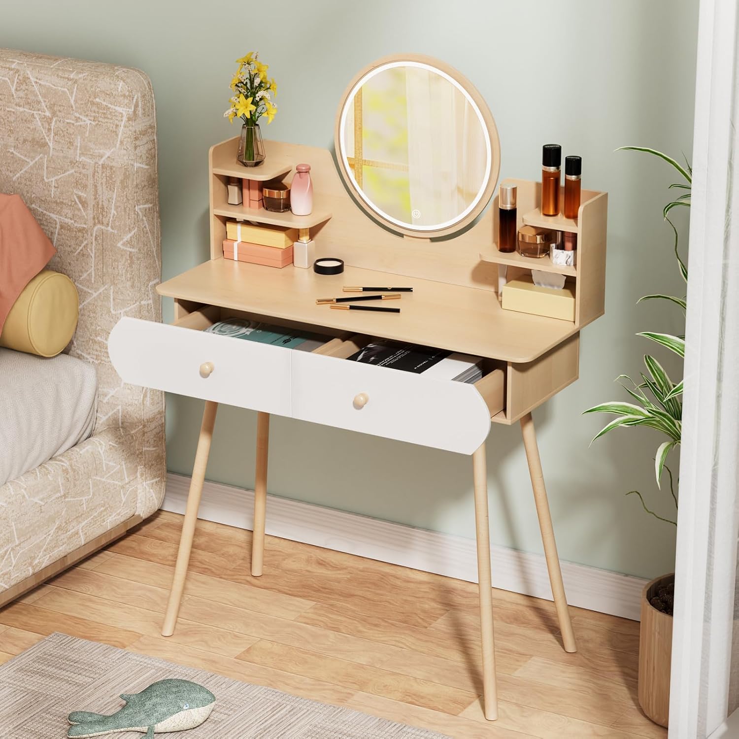 Small Vanity Desk with Mirror and Lights – Compact Wooden Makeup Dressing Table with 2 Drawers, Open Shelves, Bedroom Vanity Desk for Small Spaces