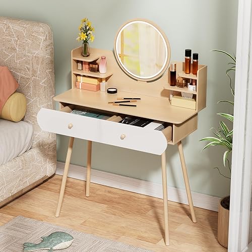 Makeup Vanity with Round Mirror and Lights | 3 Lighting Modes | Small Modern Vanity Table w/2 Large Drawers & Opening Shelves | Girls Wooden Make Up Dressing Table for Bedroom