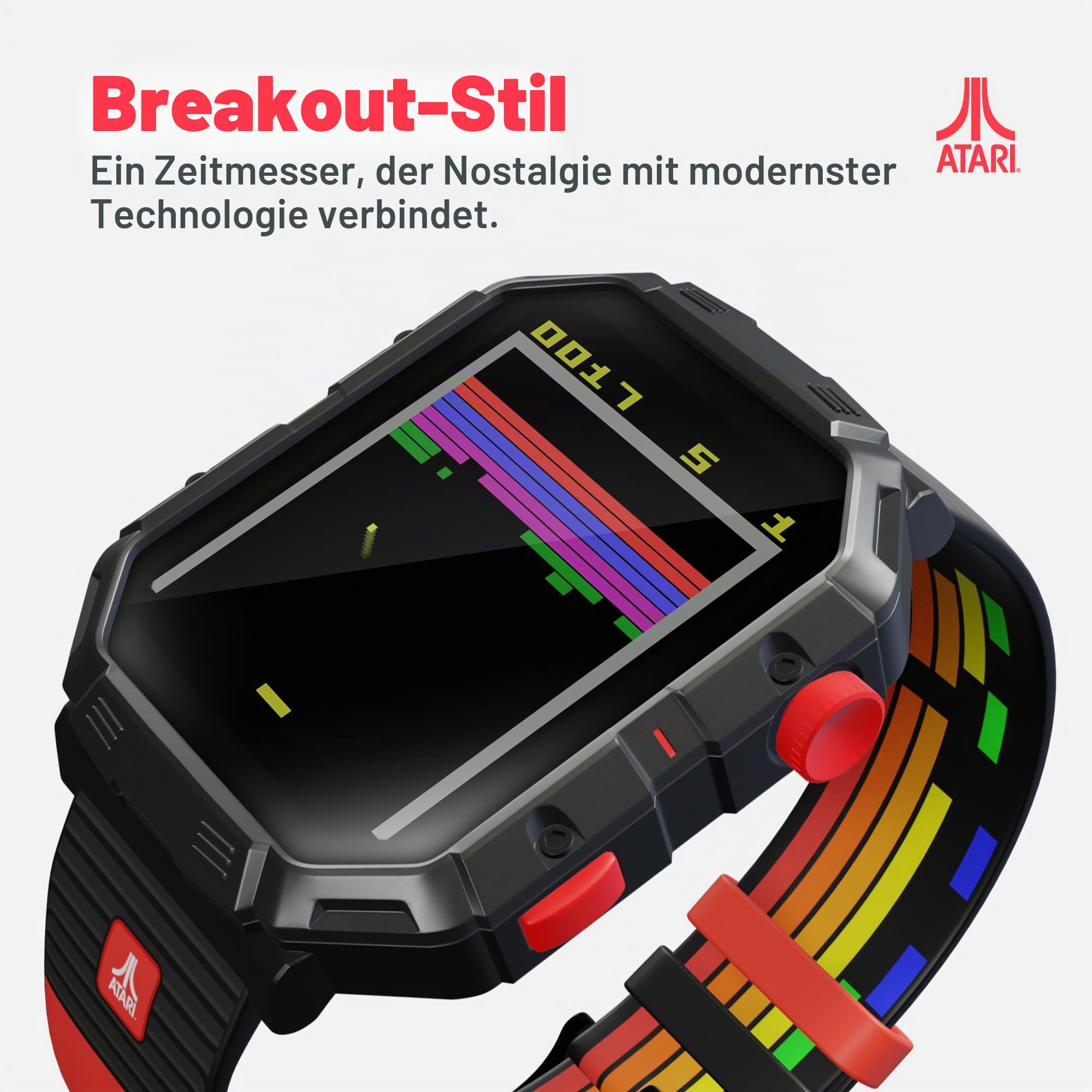 Atari 2600 My Play Watch – Retro-Gaming-Smartwatch mit selektiver Technologie, Nicht verbunden, integriertem Tausendfüßler, Pong, Missile Command, Super-Breakout, Fitness-Tracker, IP68
