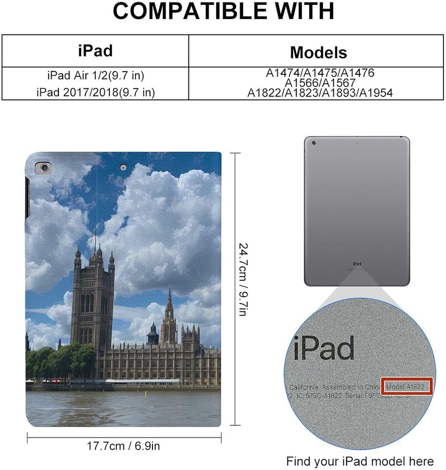 London View of Westminster Bridge with Thames River Printed Case Trifold Stand Protective Cover Compatible with ipad 2017/2018/Air1/Air2 (9.7in)