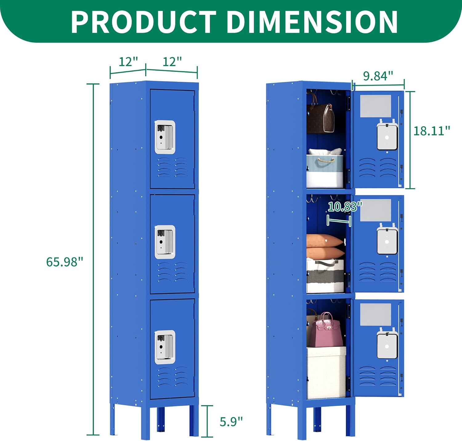 66" Metal Lockers for Employees 3 Tier Storage Locker with Doors and Shelves,Steel Lockable Cabinet with Hooks Gray Tall Locker for School Office Gym Home Garage
