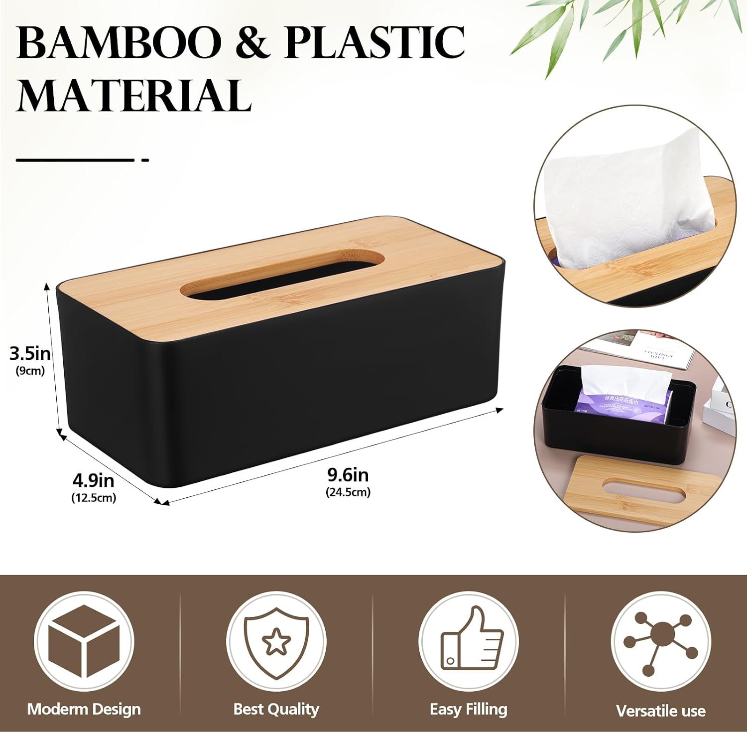 Teenyyou 2 Pcs Tissue Box Cover Square Plastic Tissue Holders 5x9 Inch Holder Wood Cover Plate for Bathrooms, Kitchen, Office, Home, Bedroom Dresser, Countertop(Black) image 2