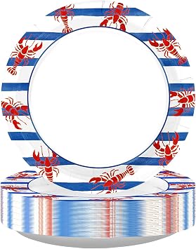 50Pcs Crawfish Boil Party Supplies 10" Large Red Lobster Waves Paper Plates Disposable Blue Striped Coastal Platter for Summer Gatherings Seafood Boils and Seafood Shrimp Theme Party Decorations
