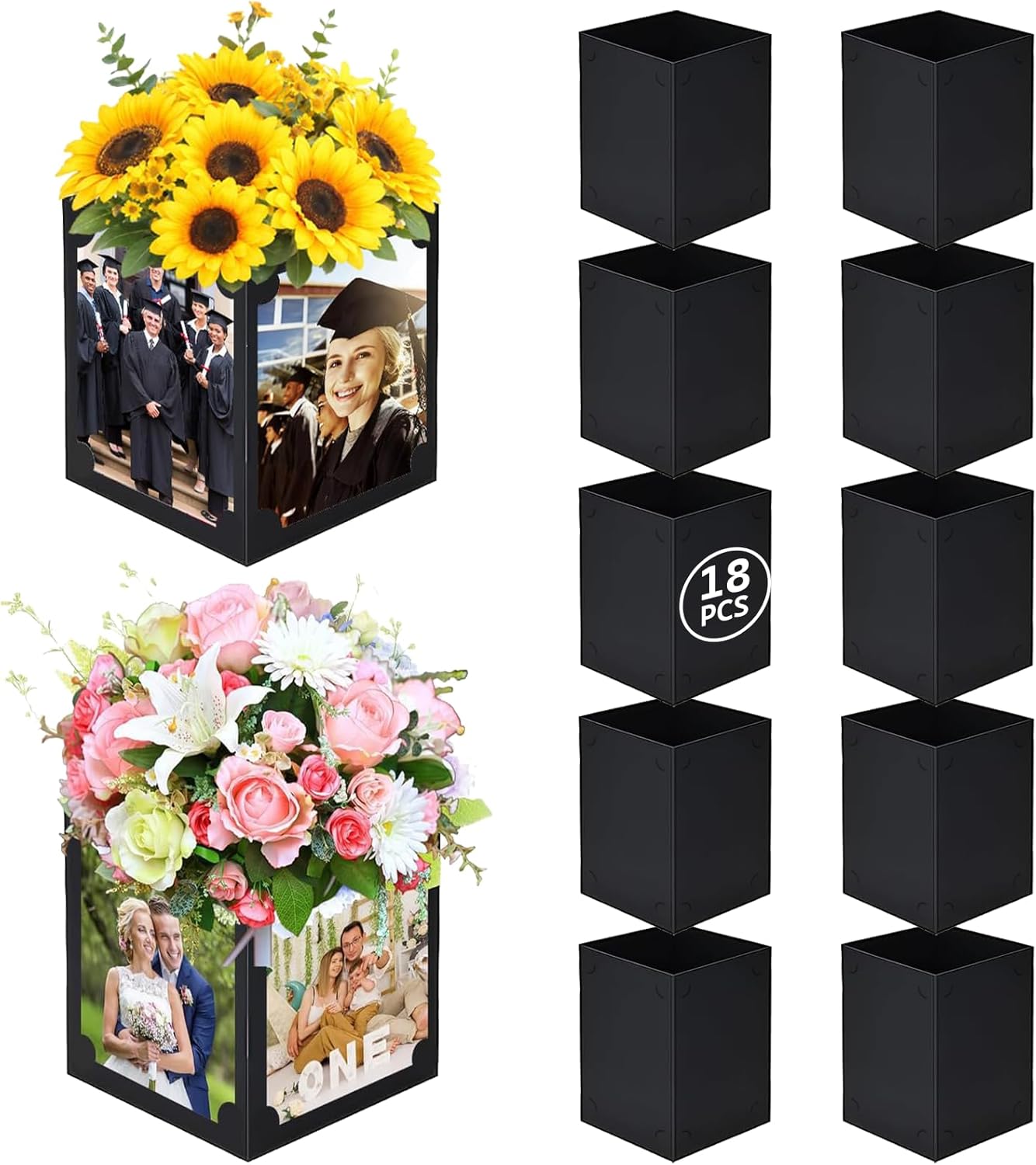 18 Pcs Graduation Picture Centerpiece for Table 4x6 Photo & Flower Display, Picture Frame Centerpieces Paper Box for Congrats Grad Birthday Baby Shower Wedding Decor (Black, 5.5"X5.5"X7.1")