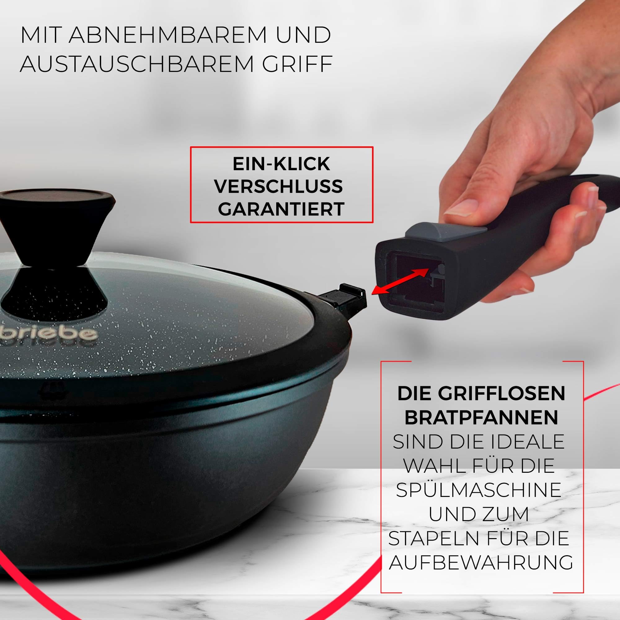 briebe Induktions-Kochgeschirr-Set 12 Teile, Set mit 4 Töpfen aus Aluminiumguss + 2 Pfannen, Antihaftbeschichtung ILAG GRANITEC ohne PFOA, Kasserolle-Set mit Glasdeckeln, Silikonhandschuhe