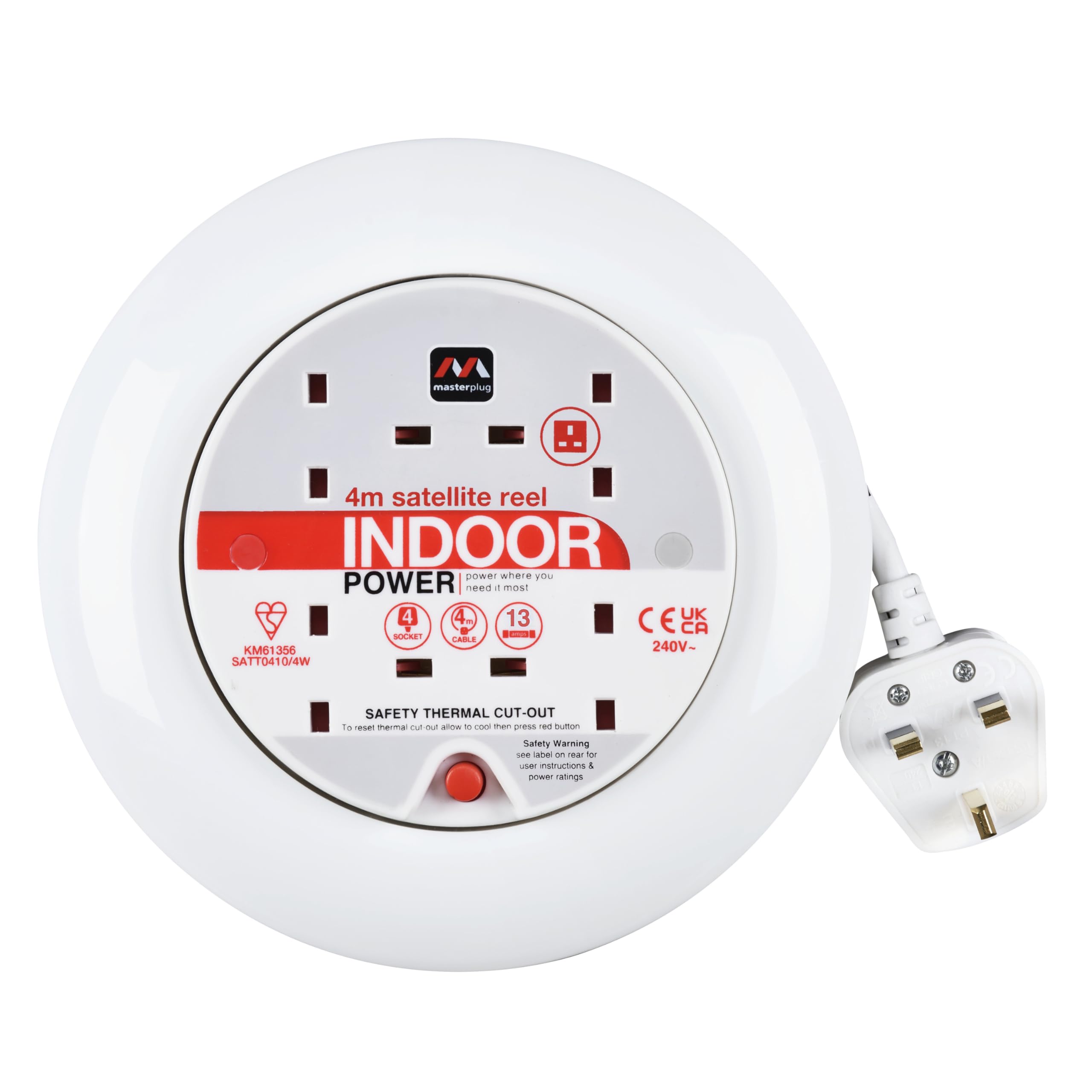 Masterplug White Four Socket Slimline Cassette Reel Extension Lead, 4 Metres,