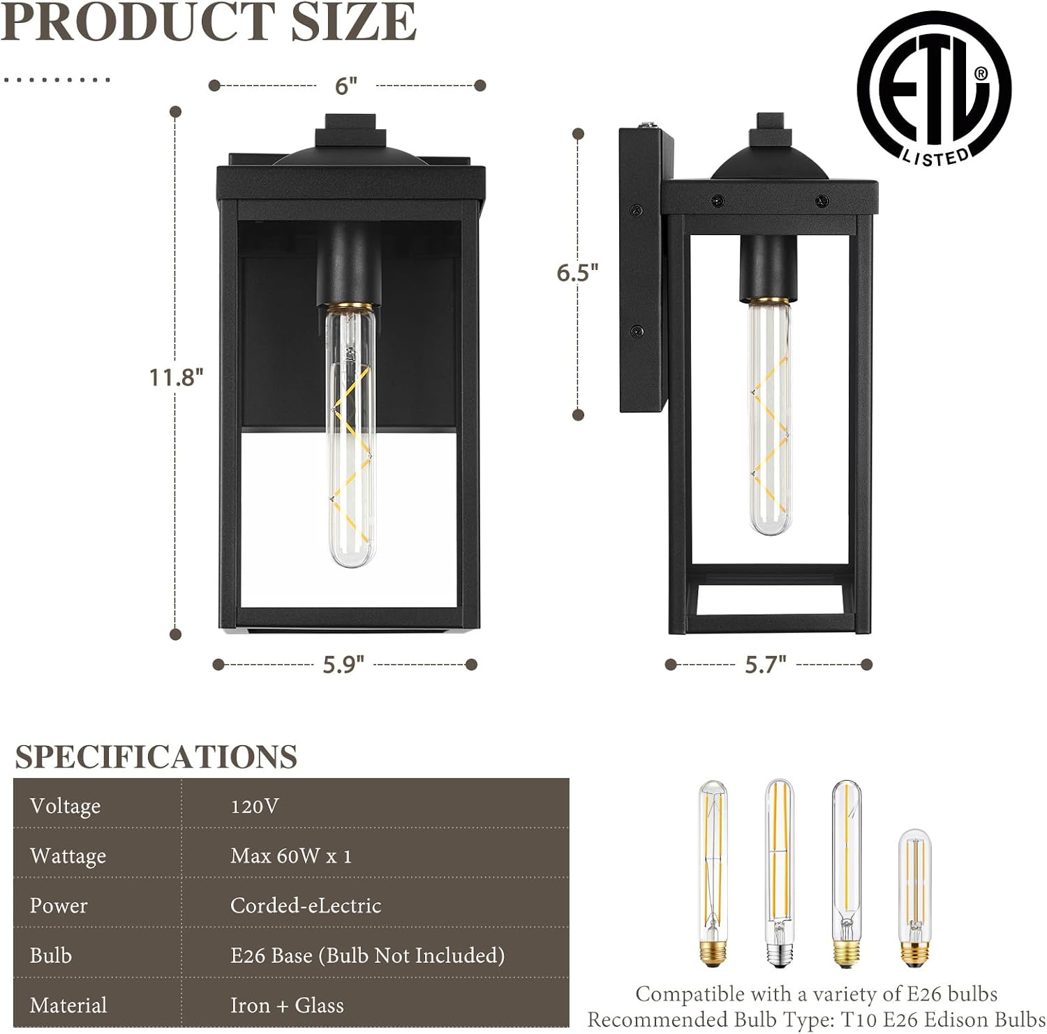 Dusk to Dawn Outdoor Wall Light Fixtures with Photocell Sensor, Front Porch Lights Waterproof, Black Exterior Wall Mount Sconce with Clear Glass for Garage Patio House, E26, OS-JJ249-BK-1PK