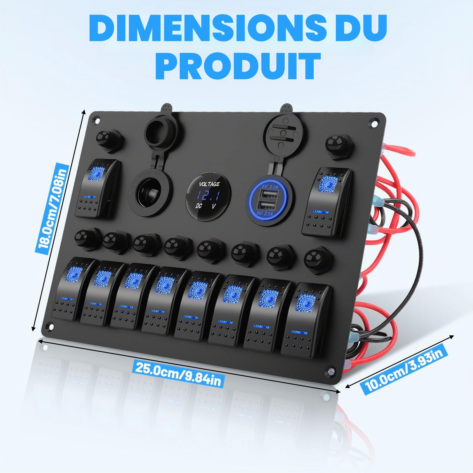 Geloo Panneau de Commutation à Bascule à 10 Gang 12 V 24 V Interrupteur à Bascule Étanche avec Disjoncteur Voltmètre Prise Allume-cigare Double Chargeur USB