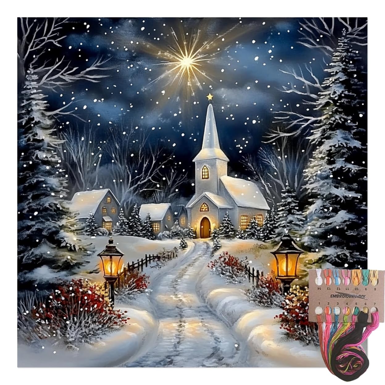 Tansy Vale Winter Church Snow Scene Christmas Village Landscape 11CT Pre-Printed Cross Stitch Kits for Adults & Beginners, Pattern Needlepoint Kit Crafts for Home Decor Gifts 16x16 Inch 12521