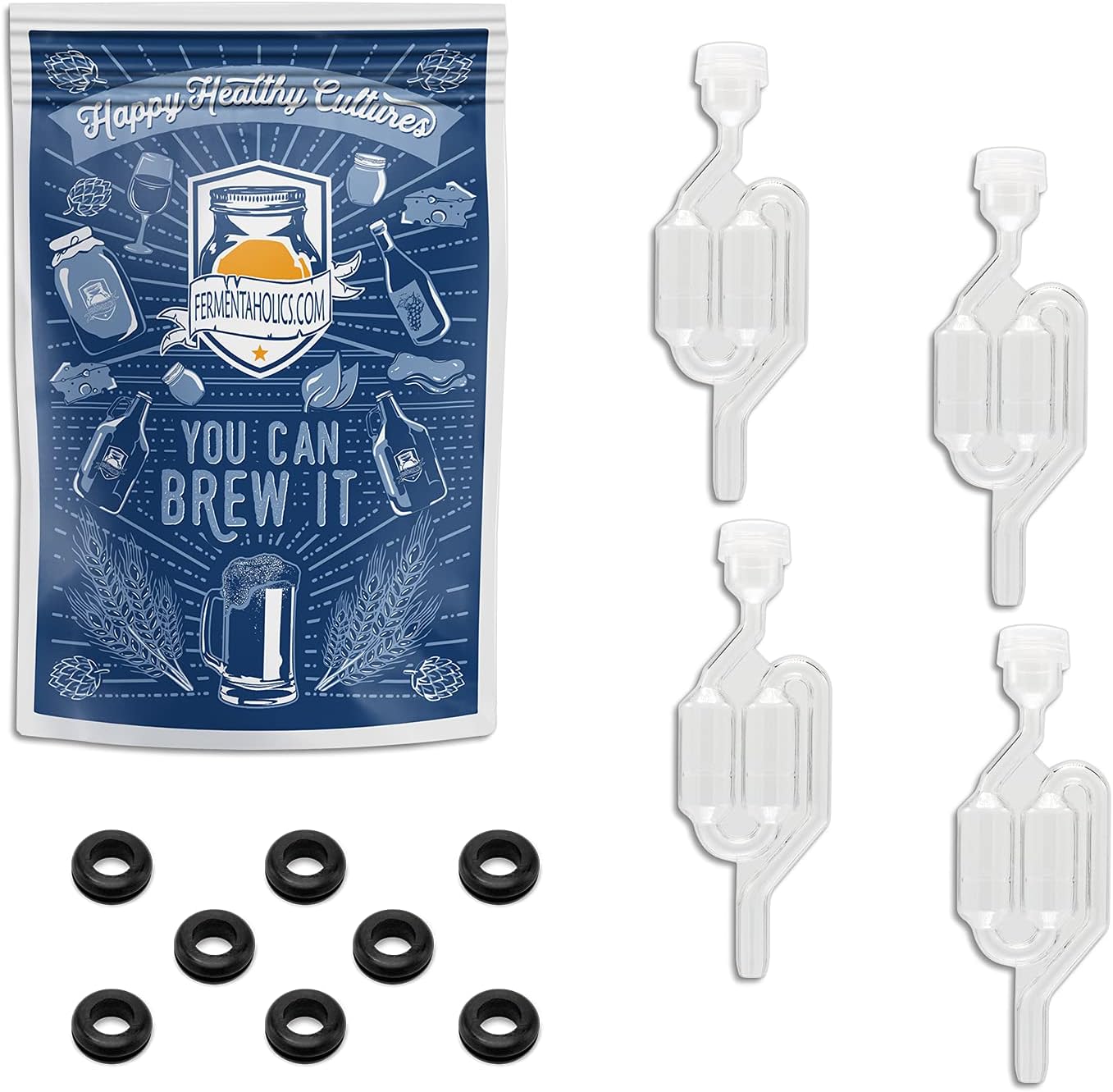 Fermentaholics Airlocks With Grommets Set – 4 Airlocks and 8 Grommets for Homemade Wine, Beer, Cider, Kimchi, Sauerkraut – Preserving, Brewing, Fermenting (S-Shaped Airlocks With Grommets Set)