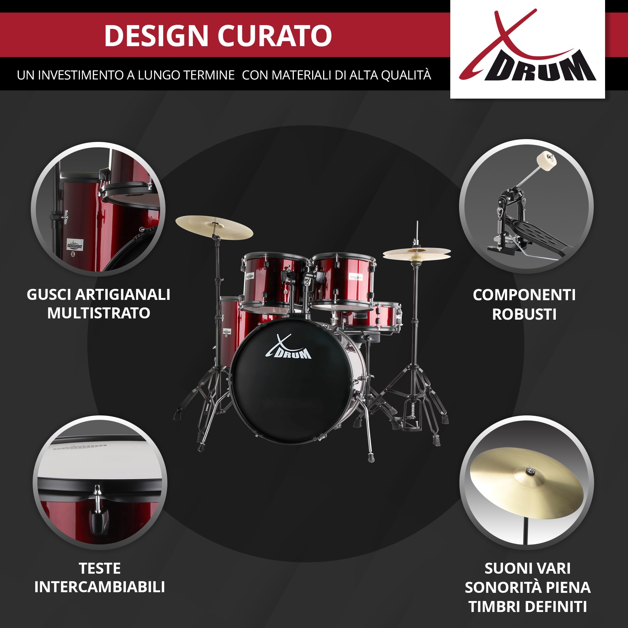 XDrum Rookie 22" Standard Set Batteria Completa Ruby Red - Ideale per Principianti - Hardware Elegante in nero - Incl. Bacchette 5B, Istruzioni di Montaggio e Scuola di Batteria - Rosso