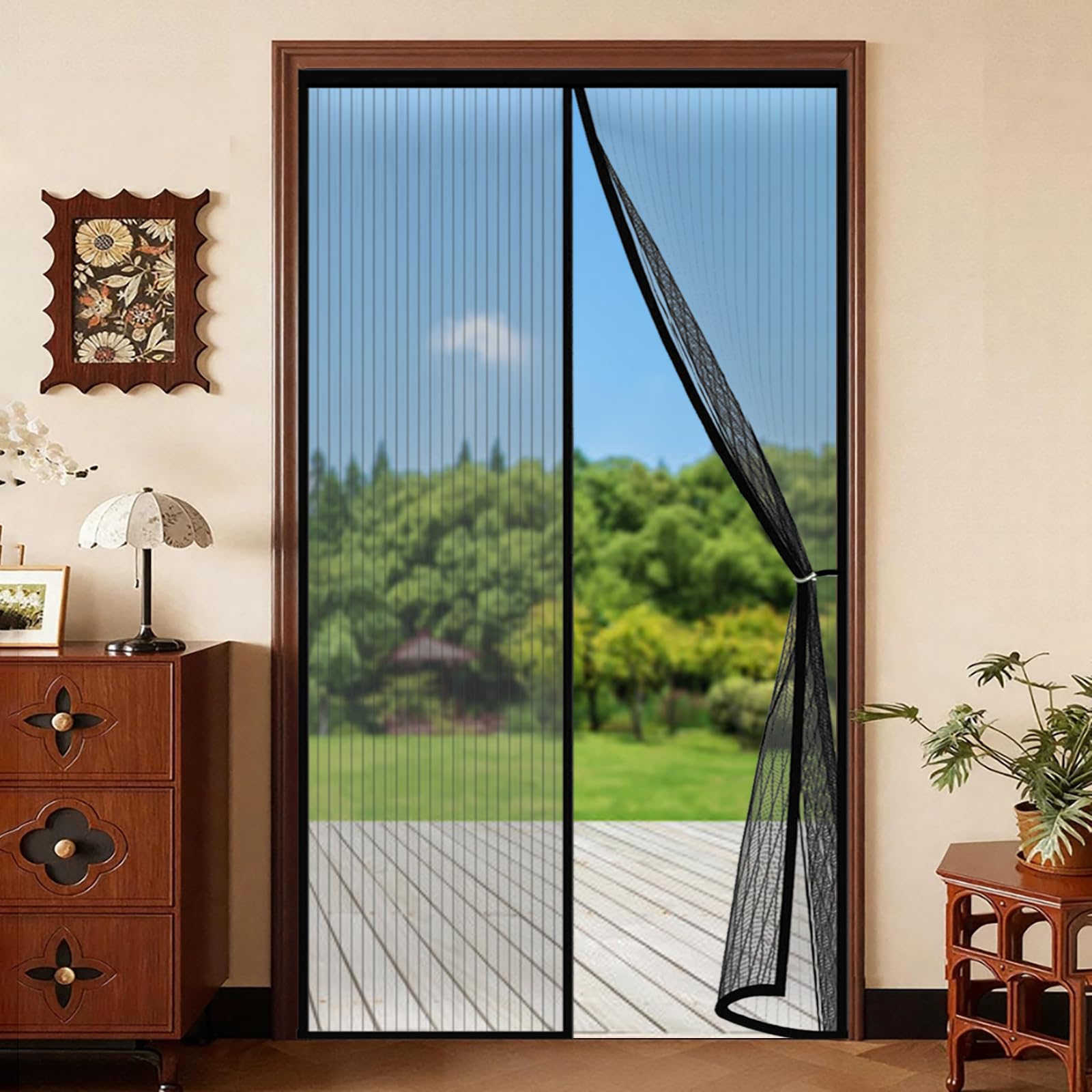 Fly Screens for Doors 138 x 246 cm Keep Bugs Out Lets Fresh Air in Door Fly Screen No Drill Installation Automatically Closes for Keeping Out Flies & Bug, Black