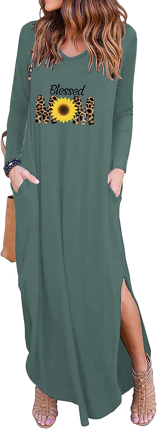 BTFBM Women Long Sleeve Loose Plain Pockets Maxi Dresses Cute Funny Graphic Letter Words Print Split Casual Long Dress