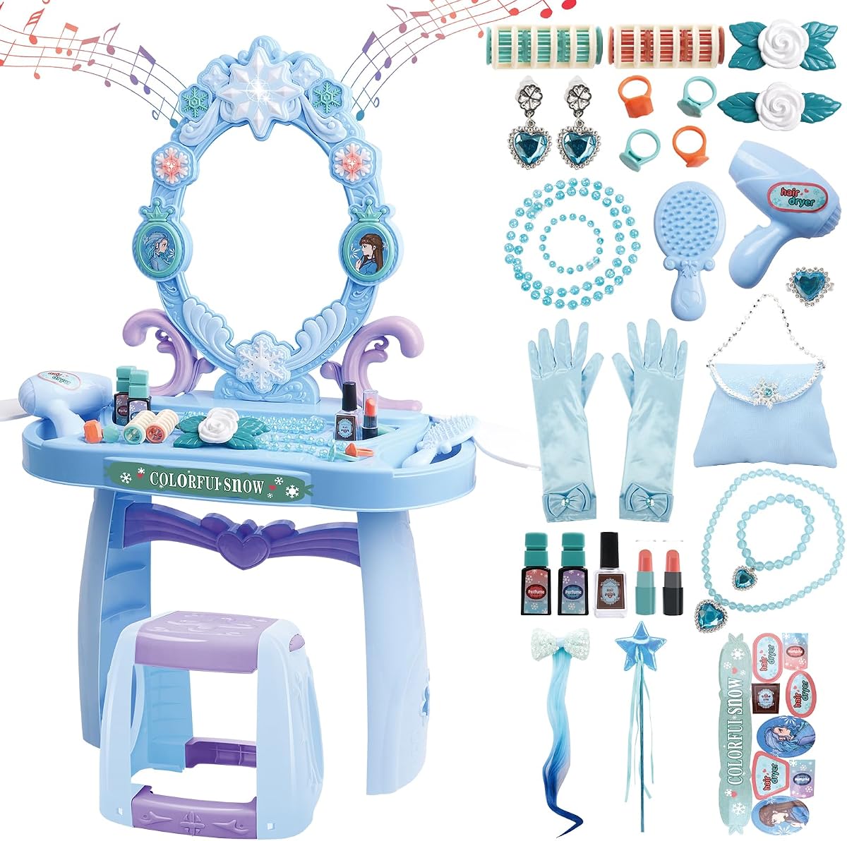 deAO Kids Vanity Table and Chair Set with Mirror Light Music,Hair Dryer | 30 Inch Heigh, Pretend Salon Set with Toy Hair Dryer & Makeup Accessories,Gift for Toddlers