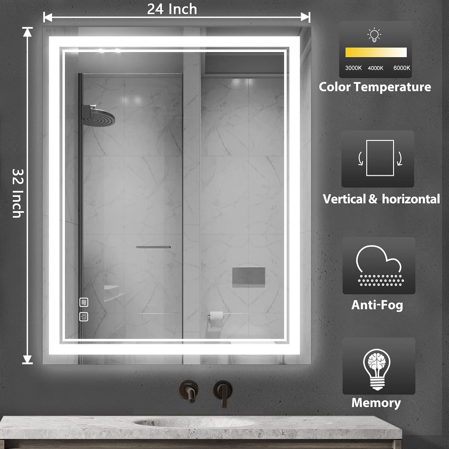 OKPAL 32 x 24 Inch LED Bathroom Mirror with Lights, Large Wall Mounted Anti-Fog Dimmable Makeup Lighted Mirror Vanity, White/Neutral/Warm Light, Memory Touch Switch, Horizontal or Vertical