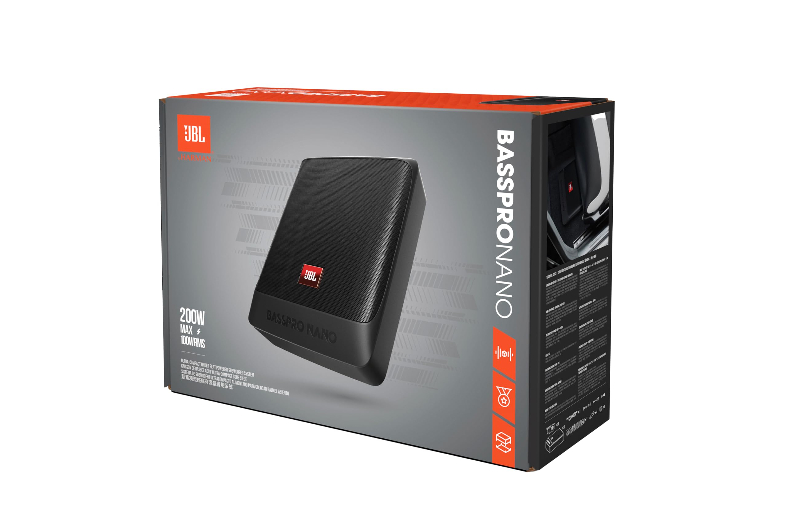 JBL BassPro Nano Ultra-Compact Subwoofer Voiture actif Sous Siège 6"x8" de Harman Kardon - caisson de basse voiture amplifié sous le siège de 200 Watt, Noir