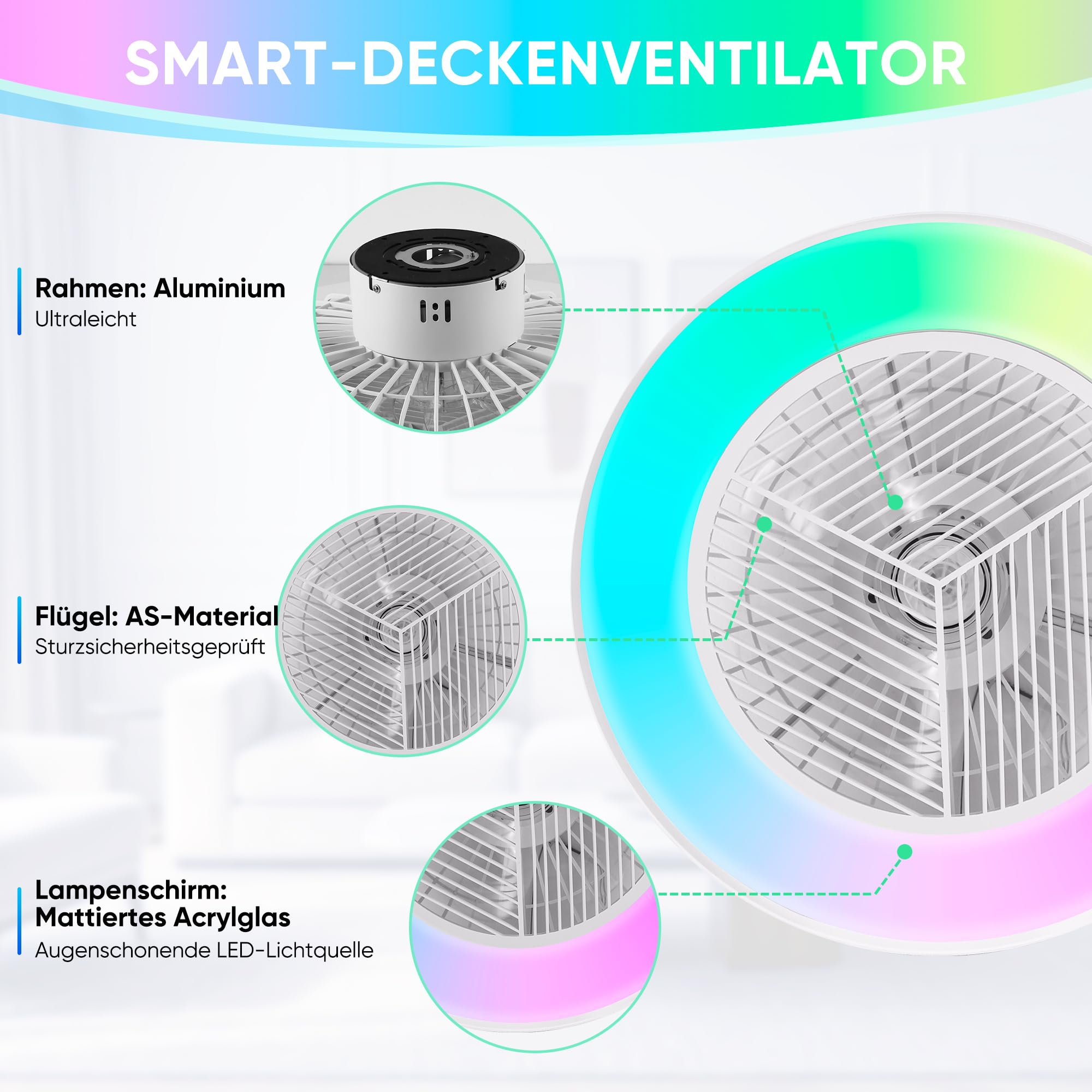 DOMANKI Deckenventilator mit Beleuchtung 50 cm RGB, Leiser DC-Motor Dimmbar, Sommer-/Wintermodus, Fernbedienung, Weiß