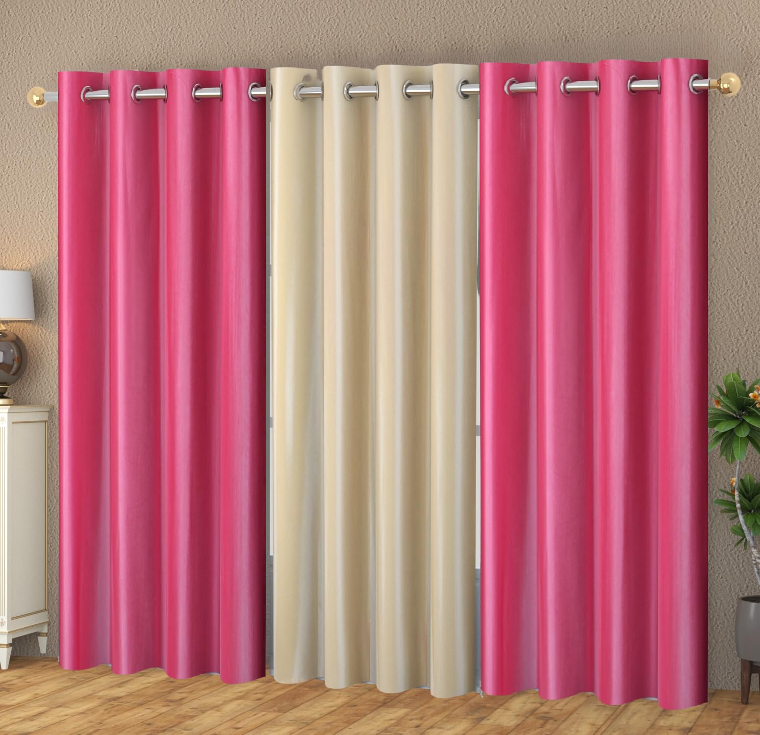 YUKANY Eyelet Polyester Modern Solid Crush Set of 3 Pcs. Door Curtains (6 Feet, 2 Pink + 1 Cream)