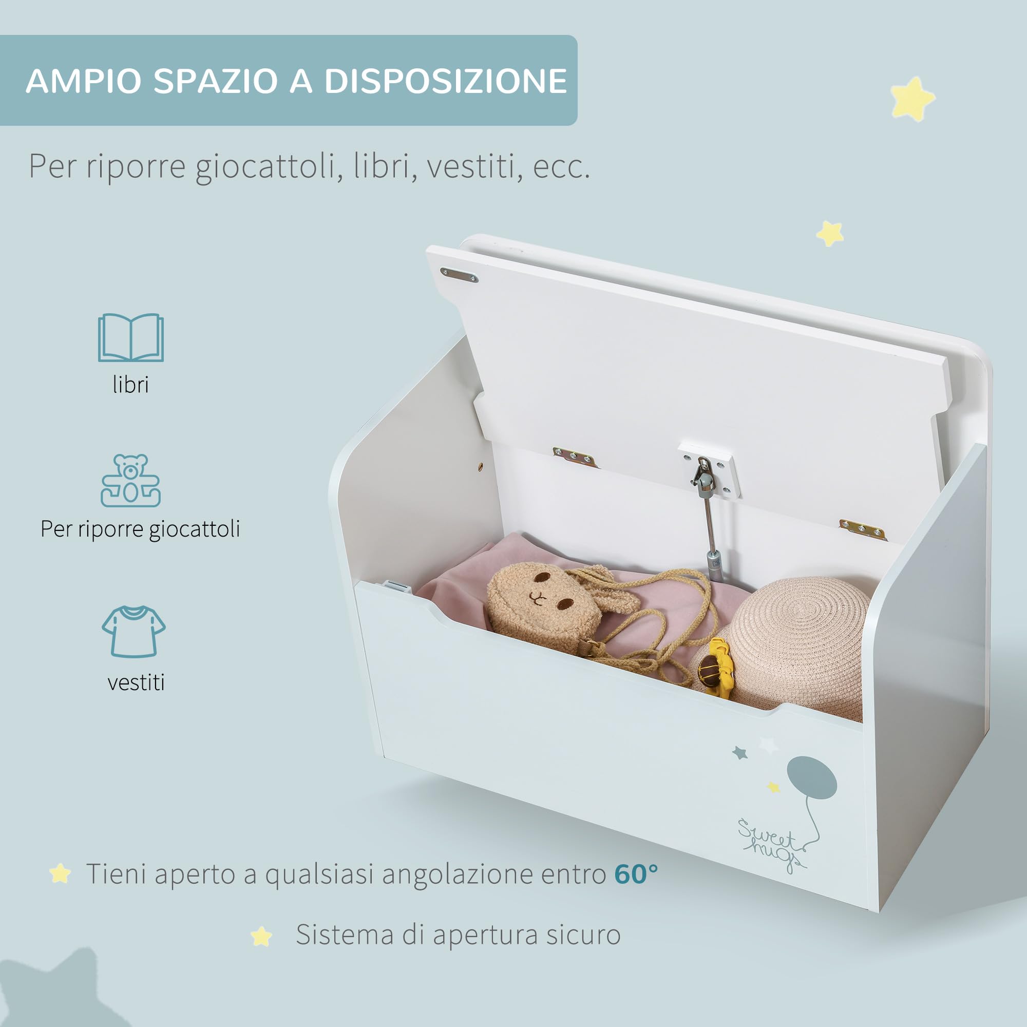 HOMCOM Panca Contenitore Portagiochi 2 in 1 in Legno, Cassapanca con Schienale per Bambini da 3-6 Anni, 60x30x50 cm, Azzurro