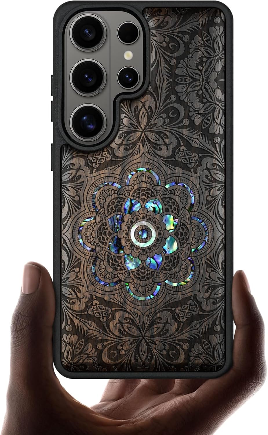 Carveit Magnetic Wooden Case for Samsung Galaxy S26 Ultra Case, Wood Artisan Engraved & Handmade Shell Inlaid, Compatible with MagSafe Wireless Chargers (Ethereal Bloom Mandala) Blackwood
