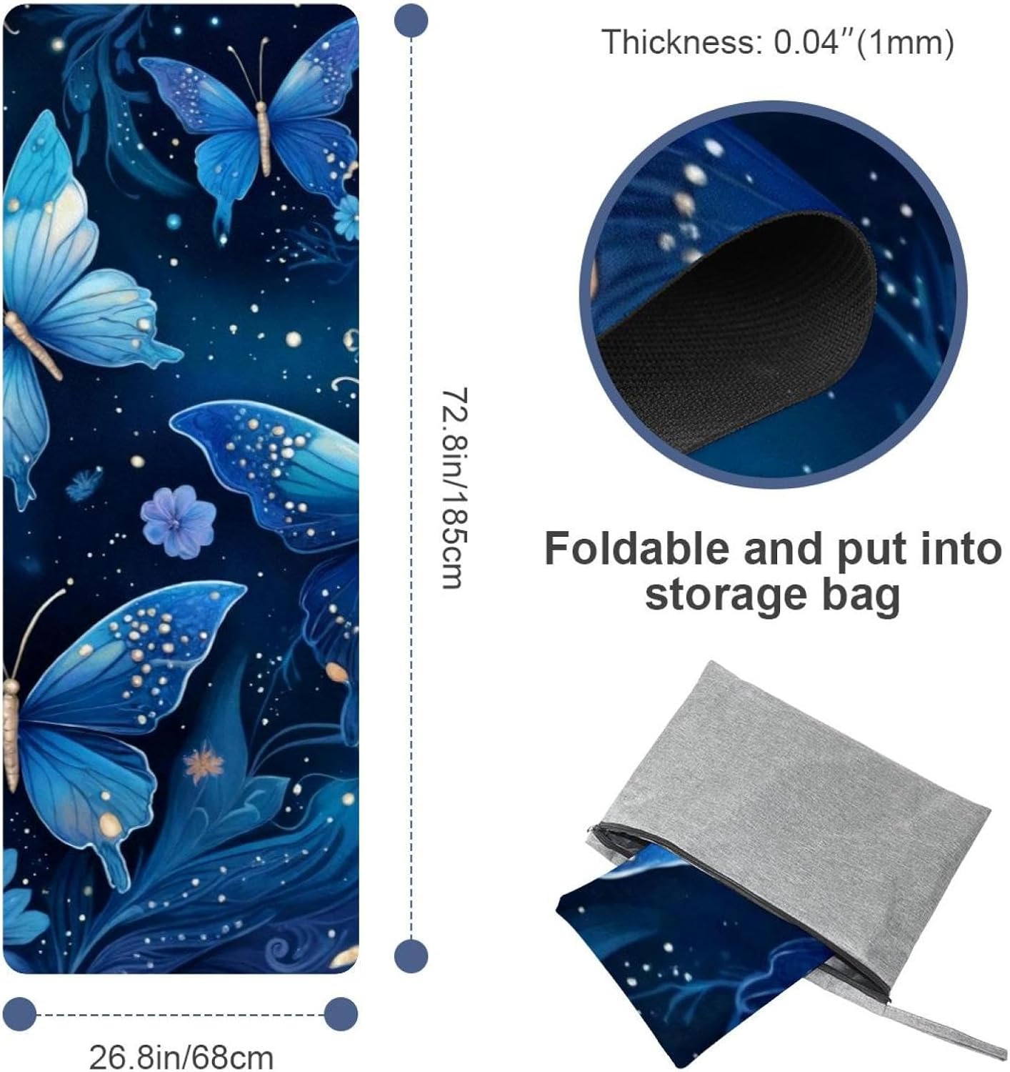 Yoga Towel, Blue Butterflies Galaxy Pattern Non Slip Sweat Absorbent Hot Yoga Mat Towel for Hot Yoga, Pilates and Fitness - 72.8" x 26.8"
