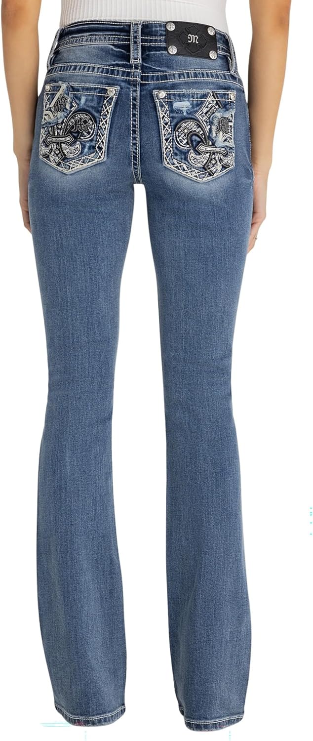 Miss Me Women's Royal Rebellion Fleur De Lis Mid Rise Bootcut Jeans