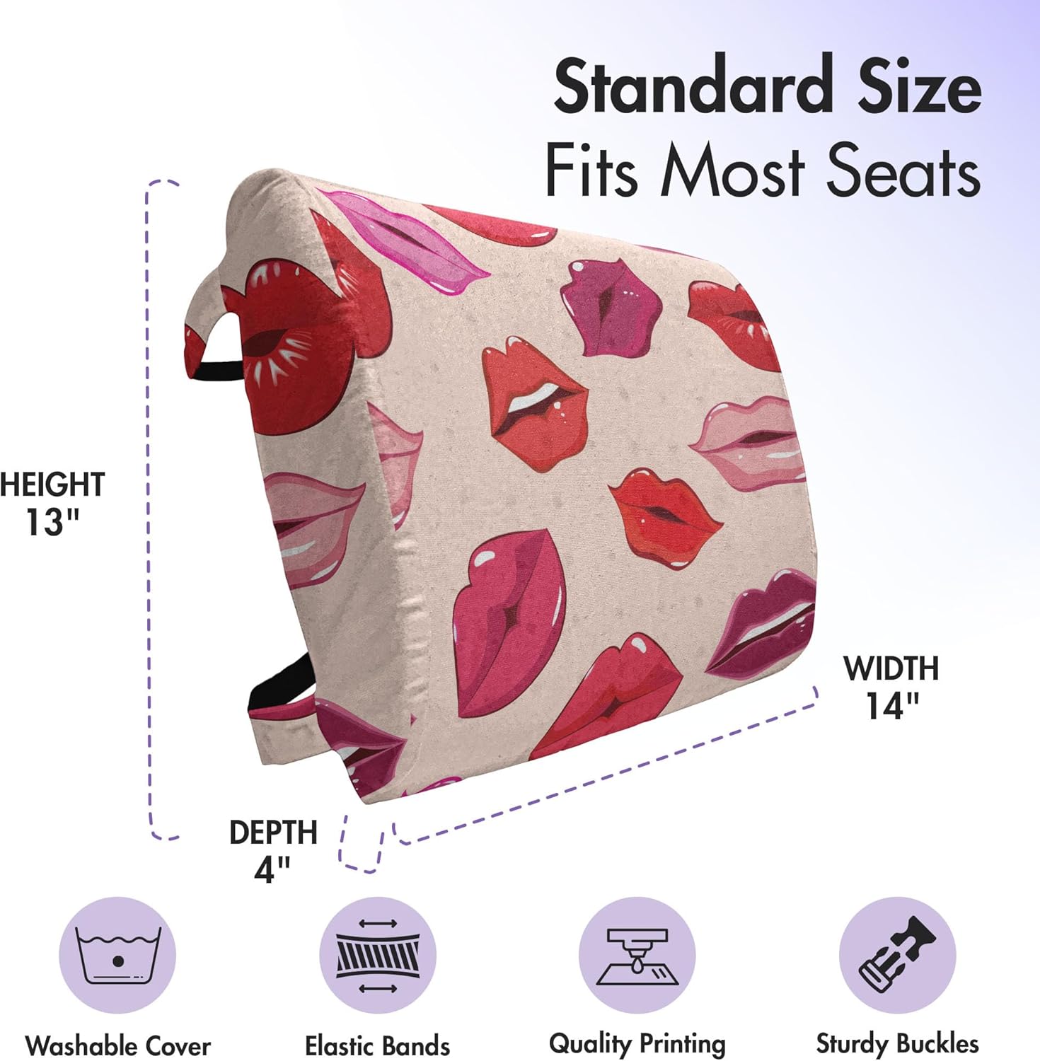 Ambesonne Kiss Lumbar Pillow, Repetitive Woman Lips in Warm Toned Listicks, Soft Back Cushion for Office Chairs with Adjustable Straps, 14" x 13", Rose Red