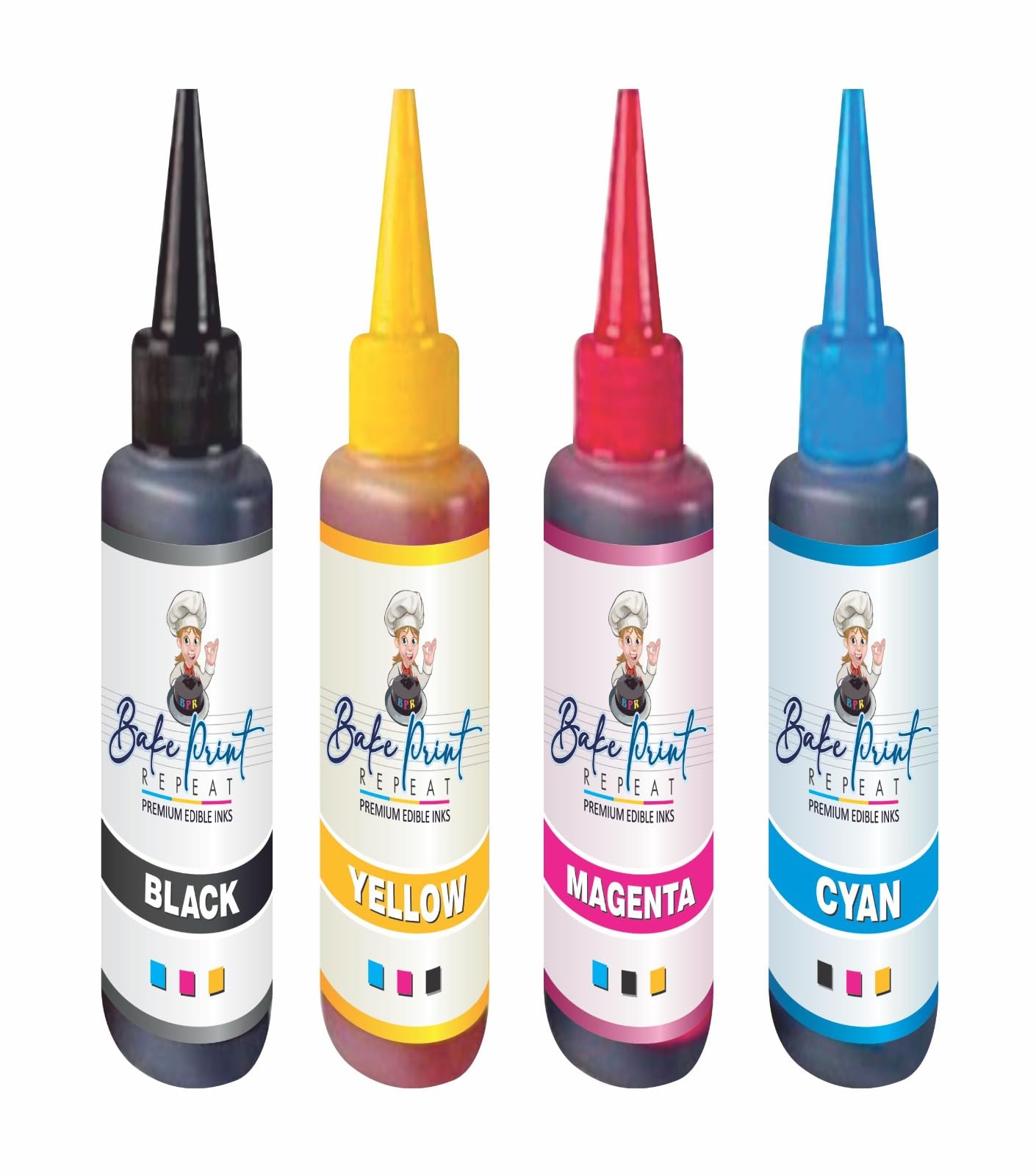 Bake Print Repeat Printer Essence for Cake Making 100ml Edible Cake Topper (Cyan, Yellow, Magenta, Black) Pack of 4)