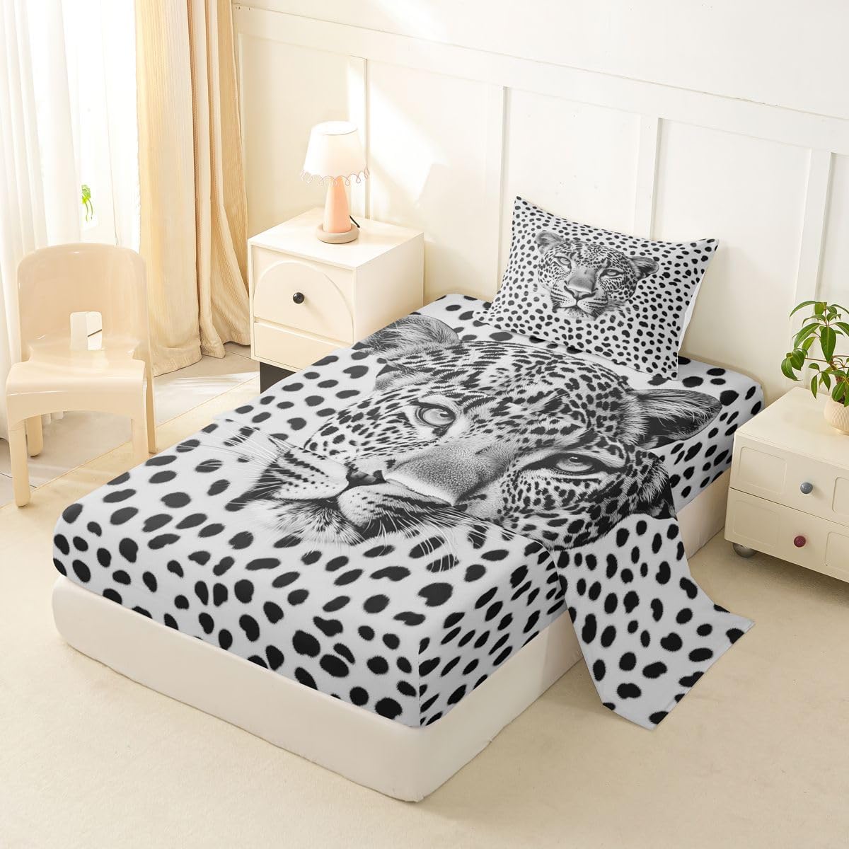 Erosebridal Cheetah Print Sheet Set Black White Leopard Twin Sheets Set for Toddler Boys,Safari Animals Fur Hair Large Spotted Leopard Fitted Sheet