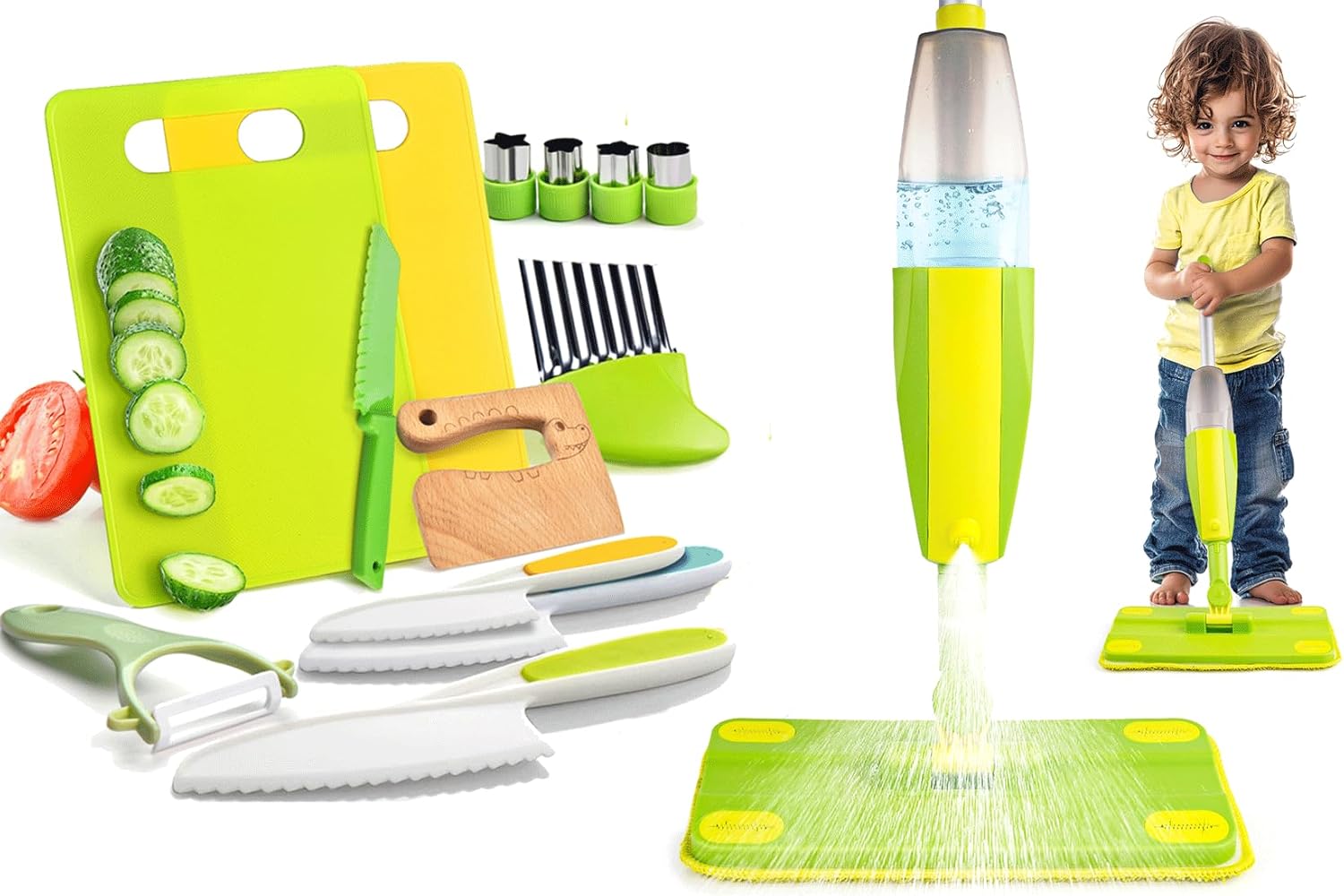 Montessori Toys for Toddlers-Kids Cooking and Cleaning Sets for Real,Toys Gift for Toddlers Girls Boys,Children Safe Knives Crinkle Cutter Kids Cutting and Mop Duster Dustpan Brushes Rag and Organizi