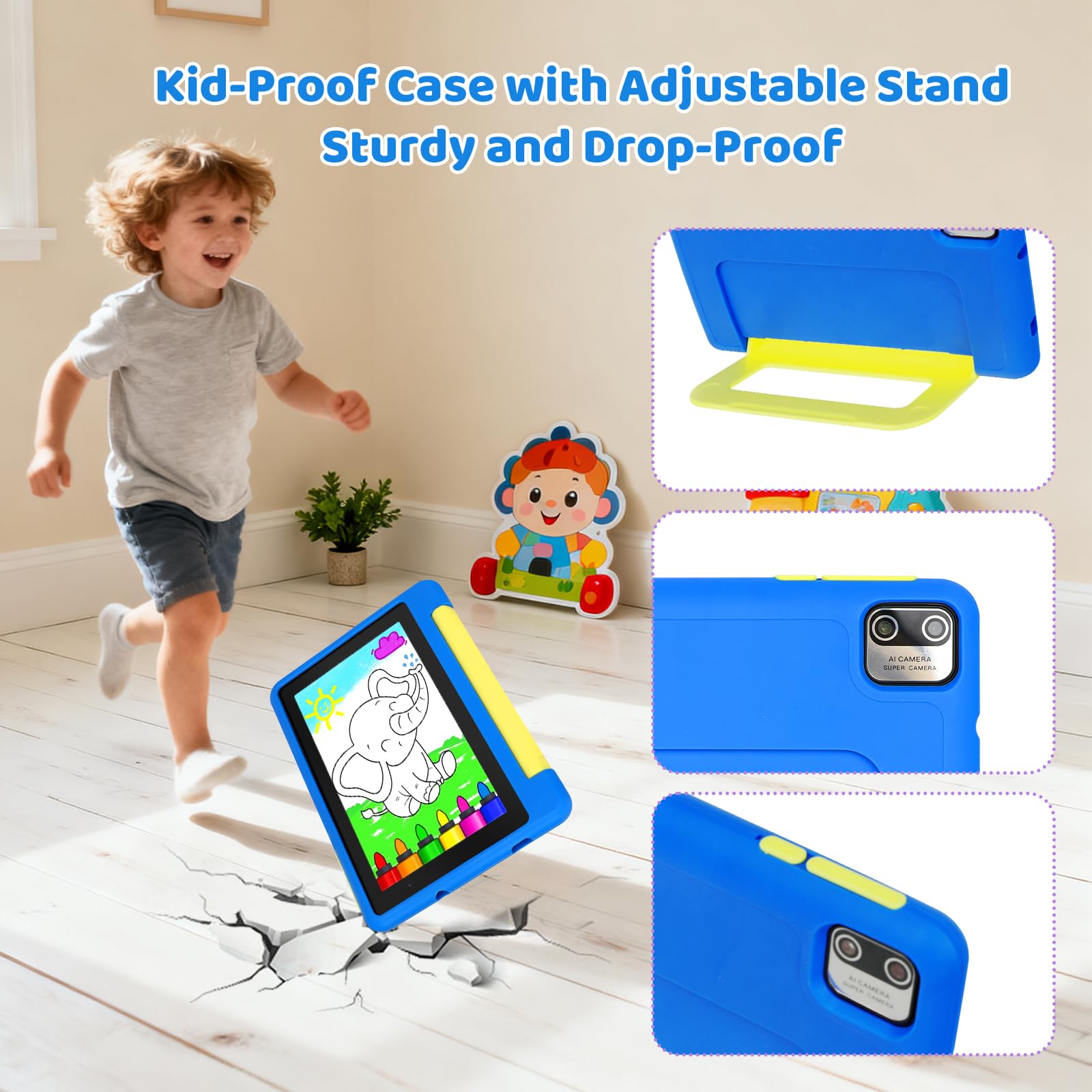 Whitedeer 2026 Latest Kids Tablet, 7 inch Tablet for Kids 3-7 Ages 8GB RAM +64GB ROM, Android 13, Parental Controls, Dual Camera, Wi-Fi, Bluetooth, Type-C, Impact Resistant Case, Gift,Blue — view 6