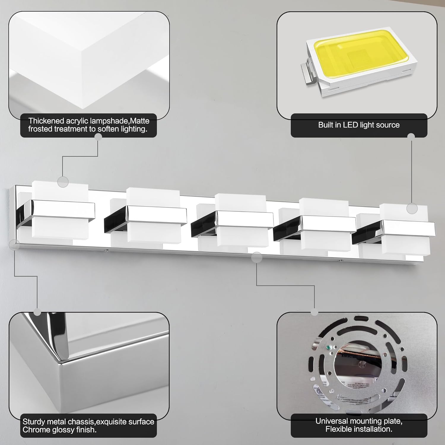 SOLFART Chrome 5 Light Bathroom Vanity Lights Over Mirror, Modern Chrome Bathroom Light Fixtures LED Lights Dimmable