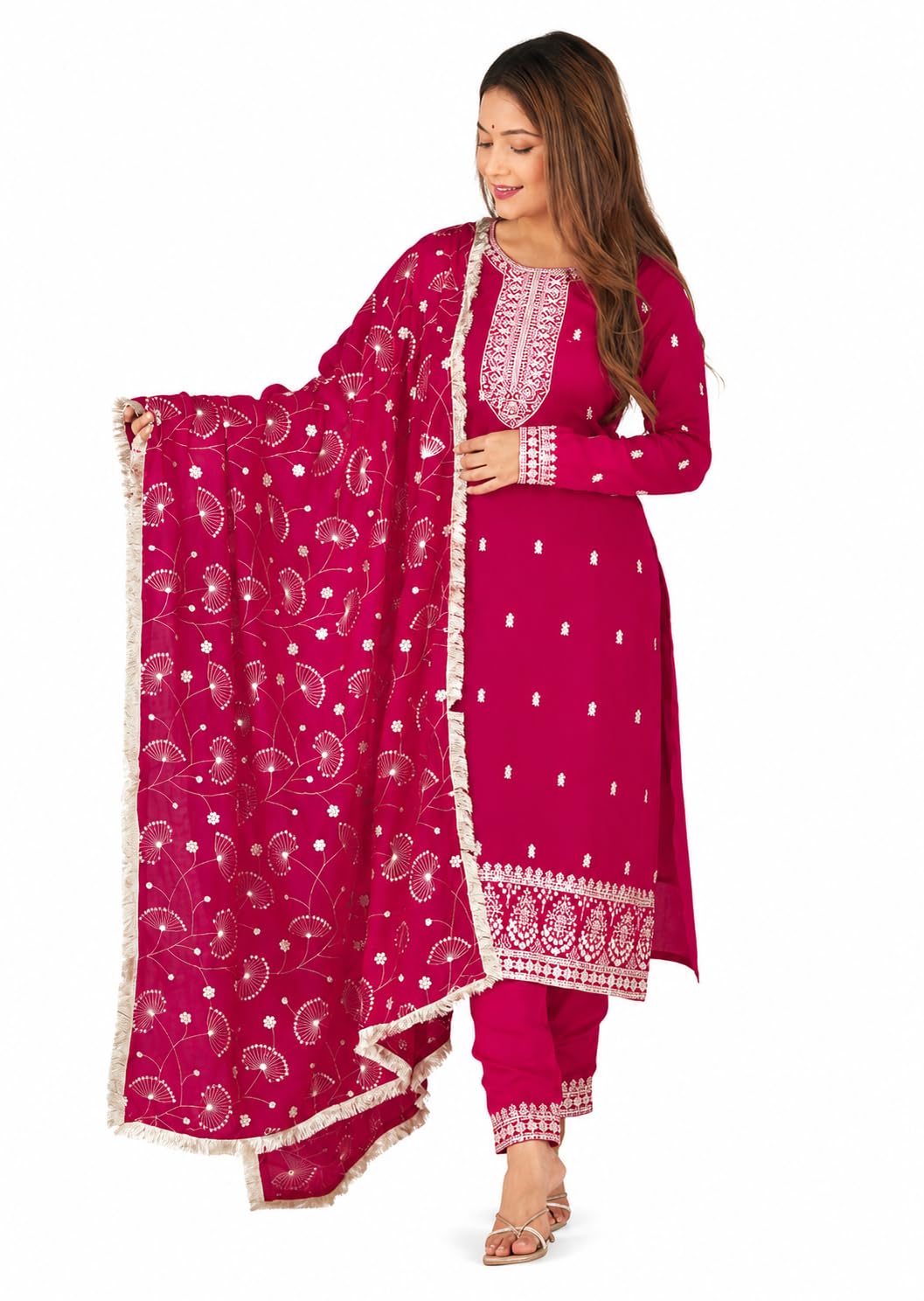 Women Pink Georgette Embroidered Kurta Set with Dupatta | Stylish Ethnic Wear Suit Set for Women | Festive, Party & Wedding Dress | Straight Kurti with Dupatta | 3 Pec set-picture-43